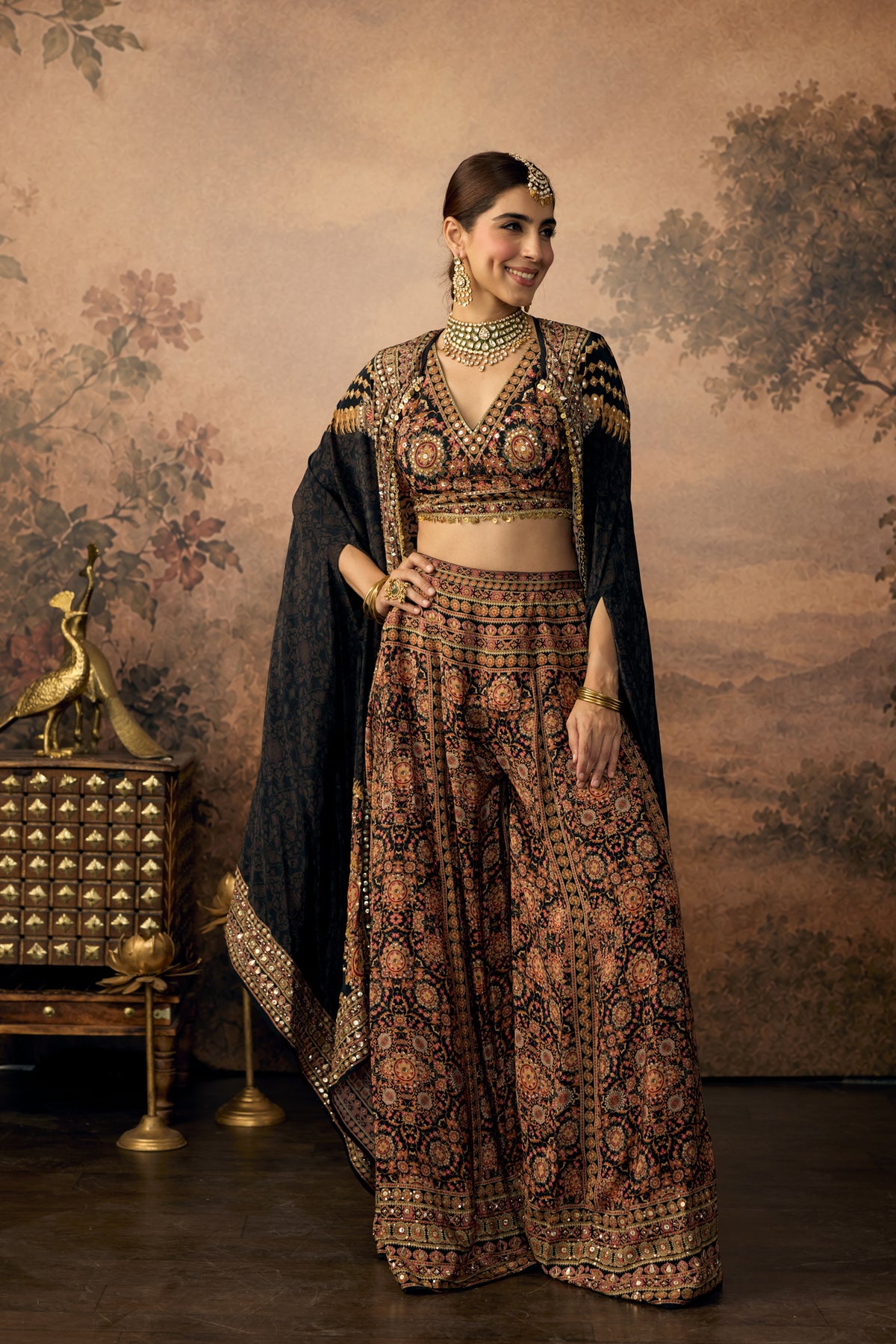 Deep Black Embellished Crepe Silk Palazzo Set