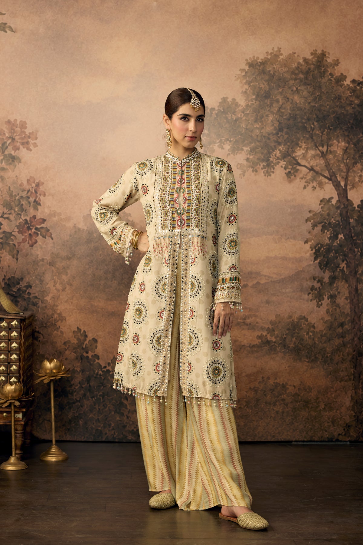 Pastel Beige Embellished Crepe Silk Pant Set
