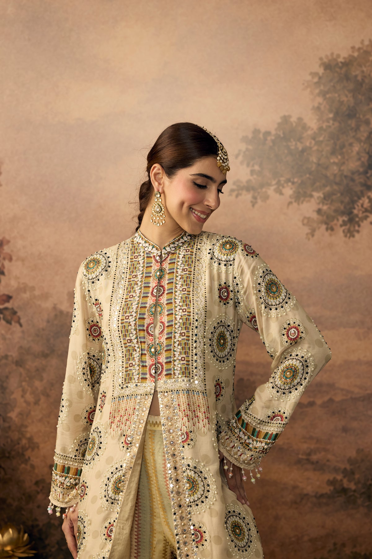 Pastel Beige Embellished Crepe Silk Pant Set