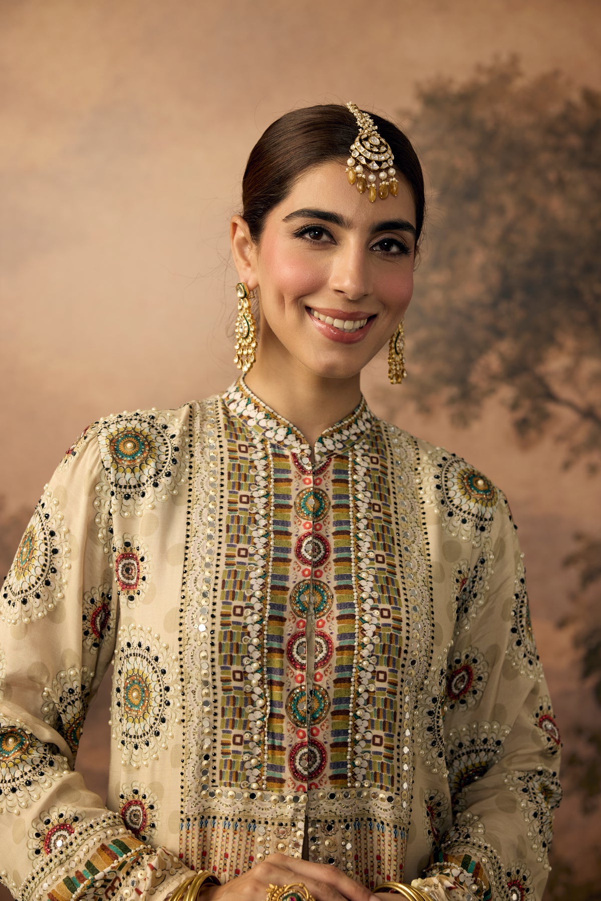 Pastel Beige Embellished Crepe Silk Pant Set