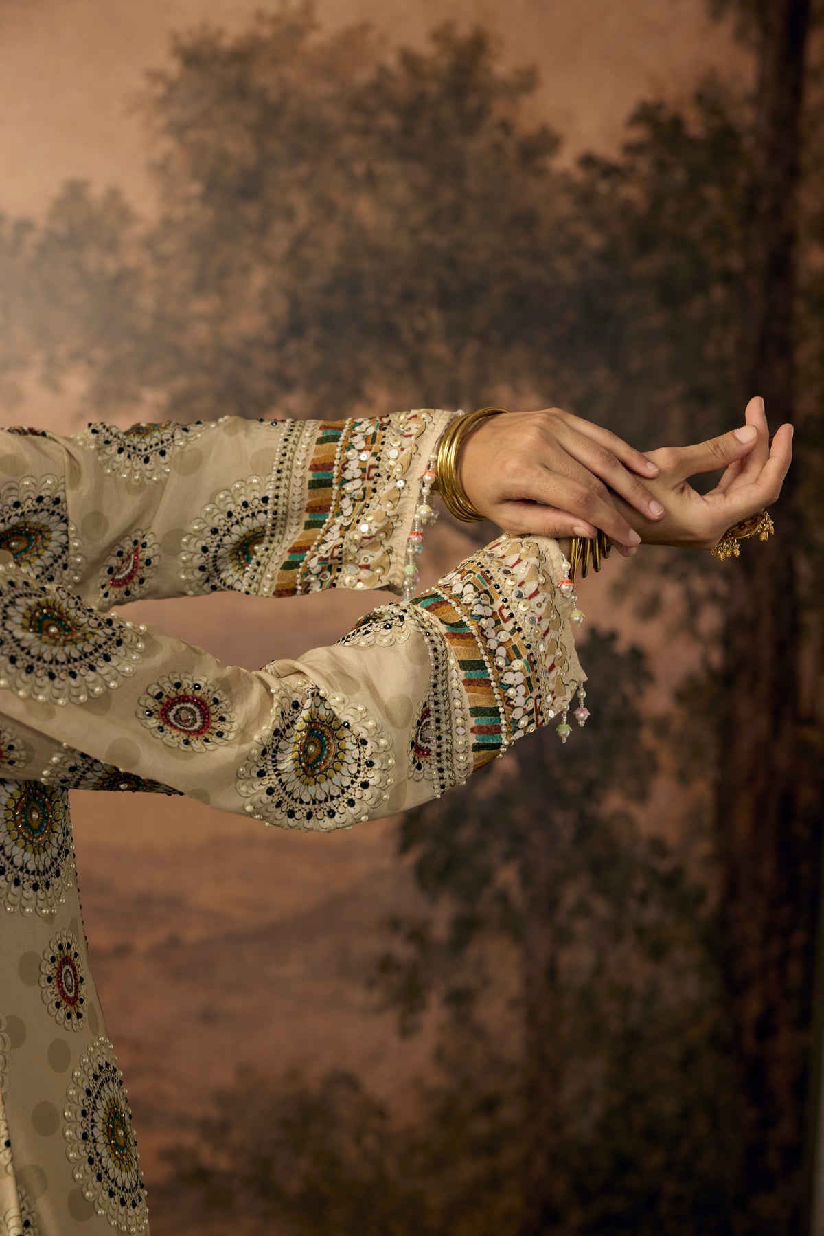 Pastel Beige Embellished Crepe Silk Pant Set