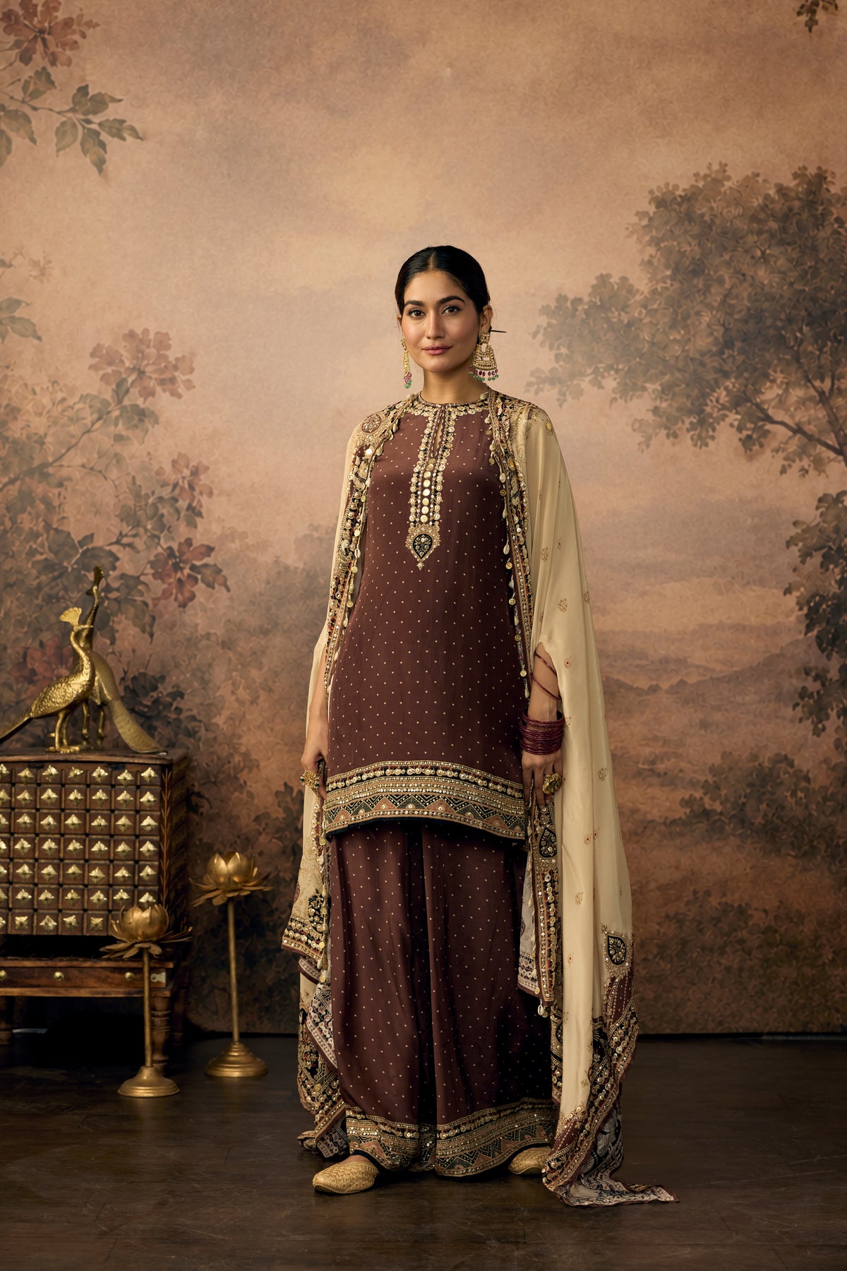 Deep Chocolate Embellished Crepe Silk Palazzo Set