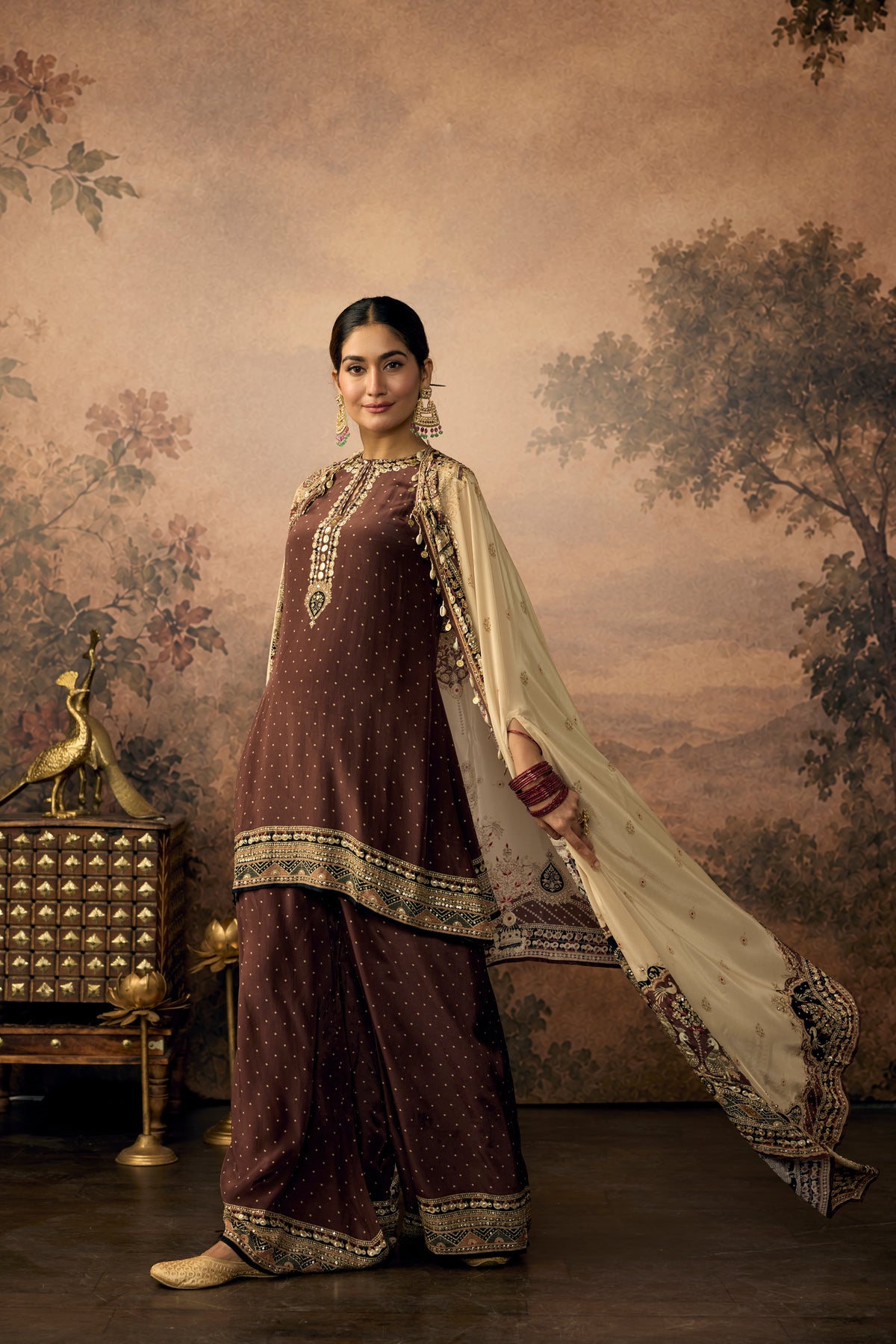 Deep Chocolate Embellished Crepe Silk Palazzo Set