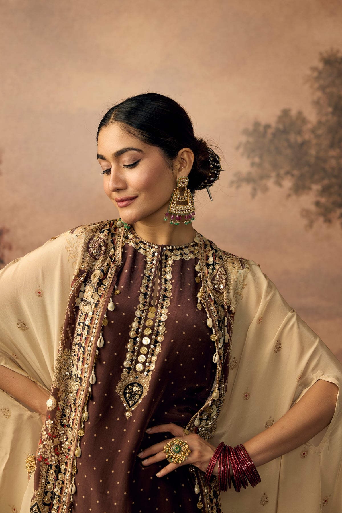 Deep Chocolate Embellished Crepe Silk Palazzo Set