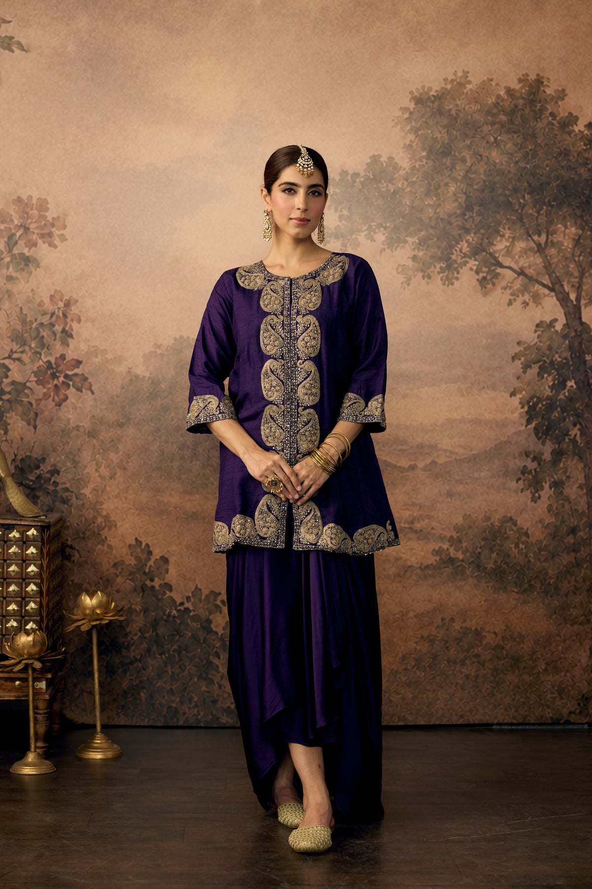Royal Purple Embellished Raw Silk Skirt Set