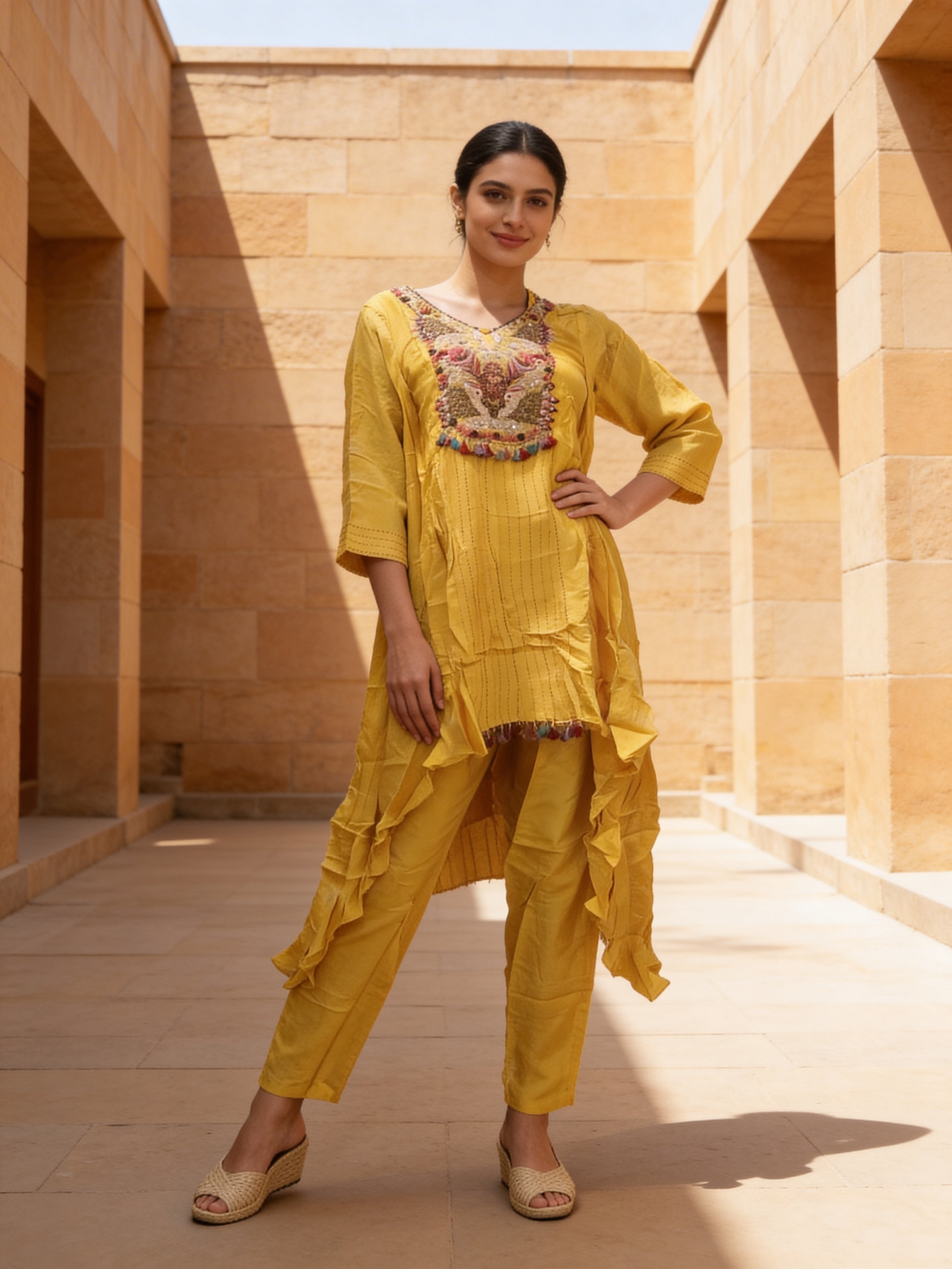 Yellow Embellished Raw Silk Asymmetrical Pant Set