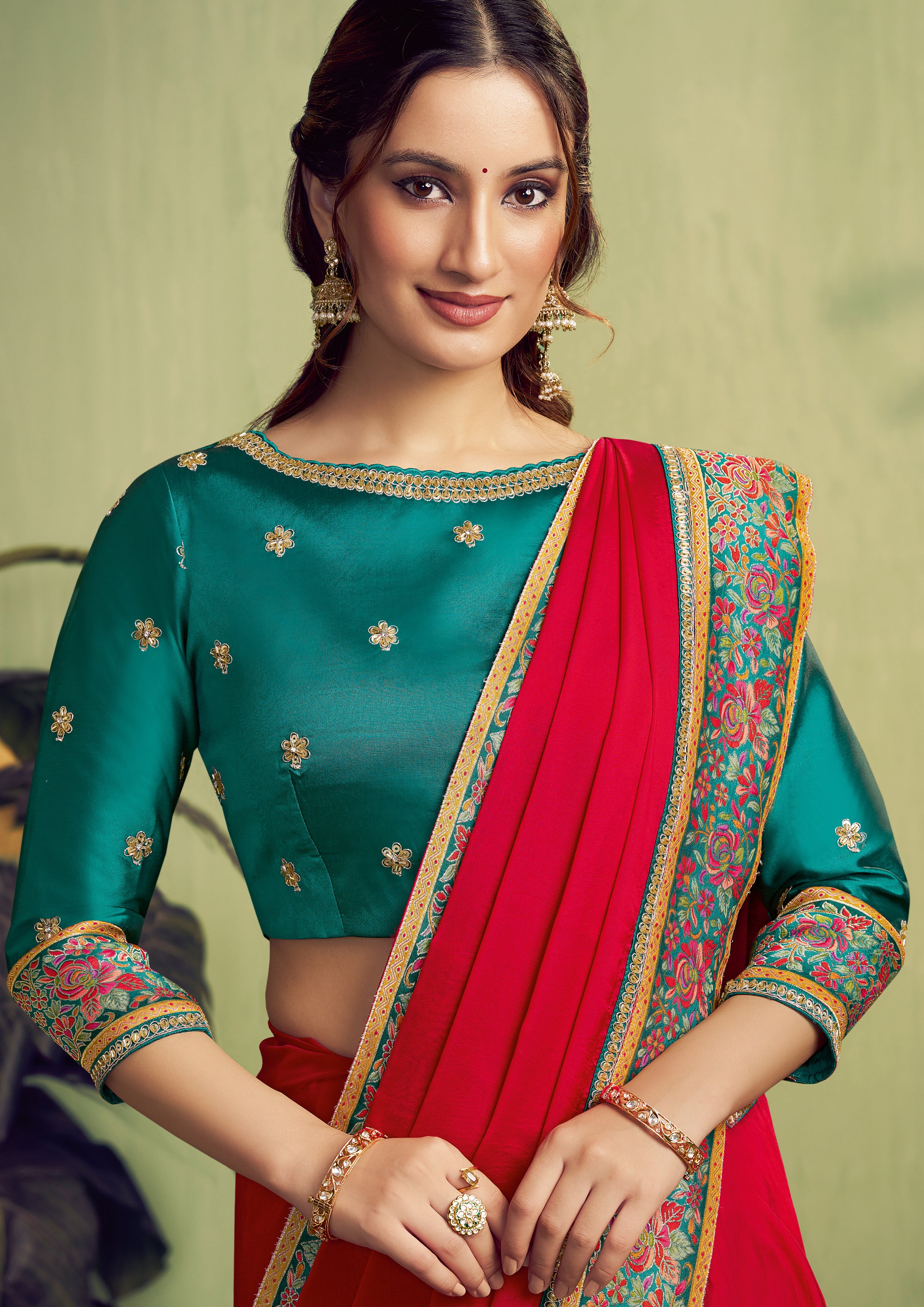 Ruby Red Embellished Satin Silk Saree