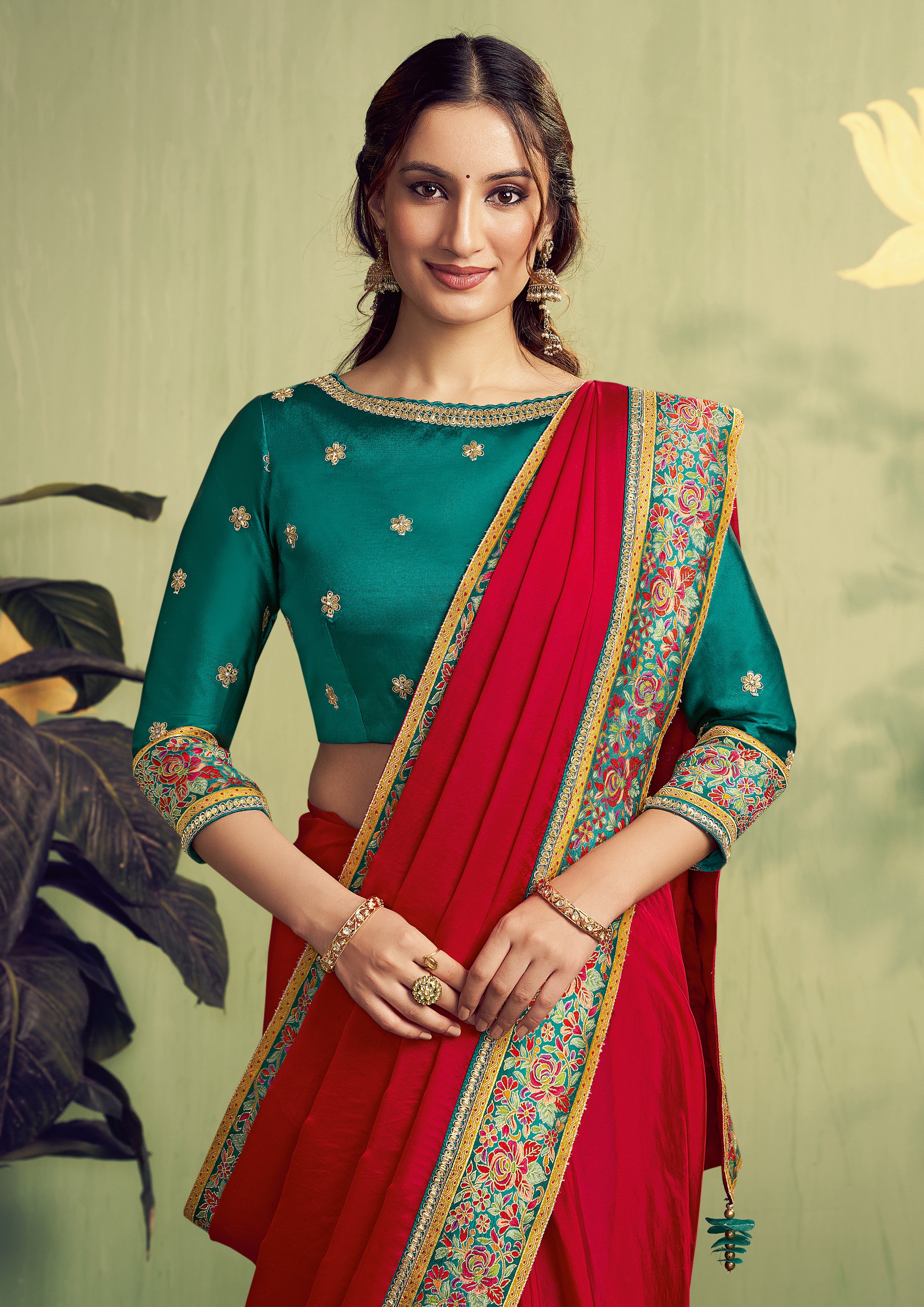 Ruby Red Embellished Satin Silk Saree