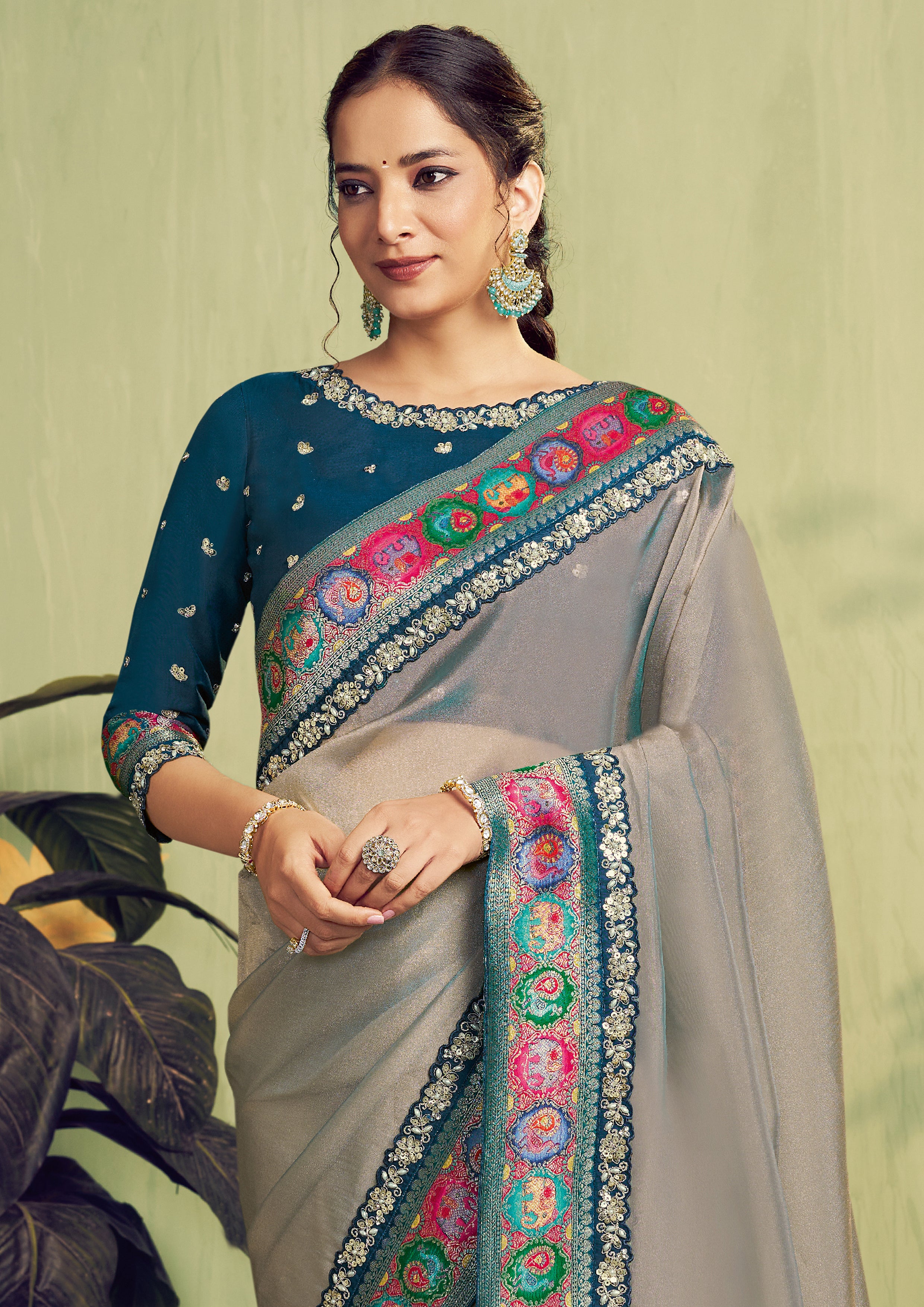 Pale Grey Embellished Tissue Silk Saree
