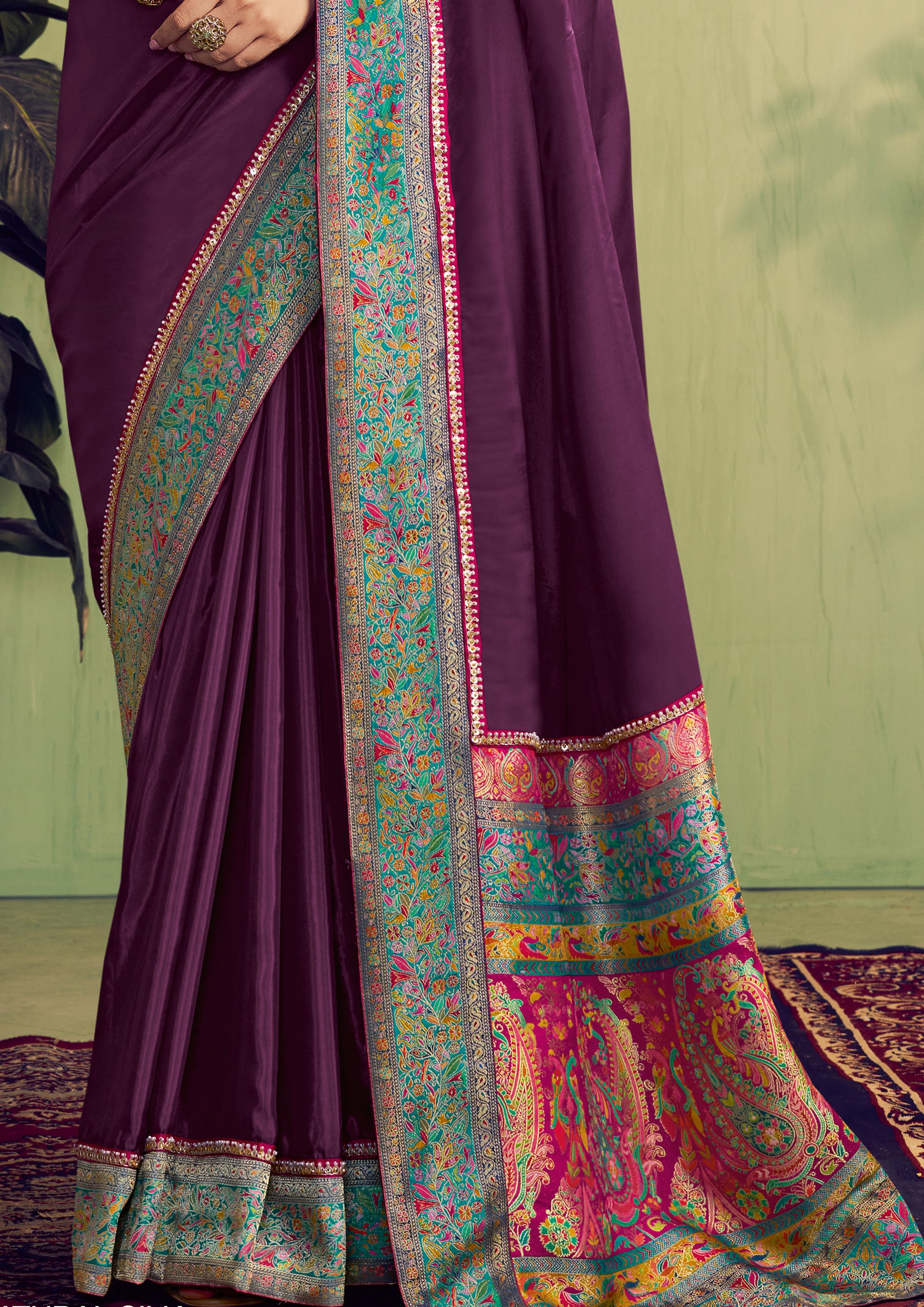 Wine Embellished Satin Silk Saree