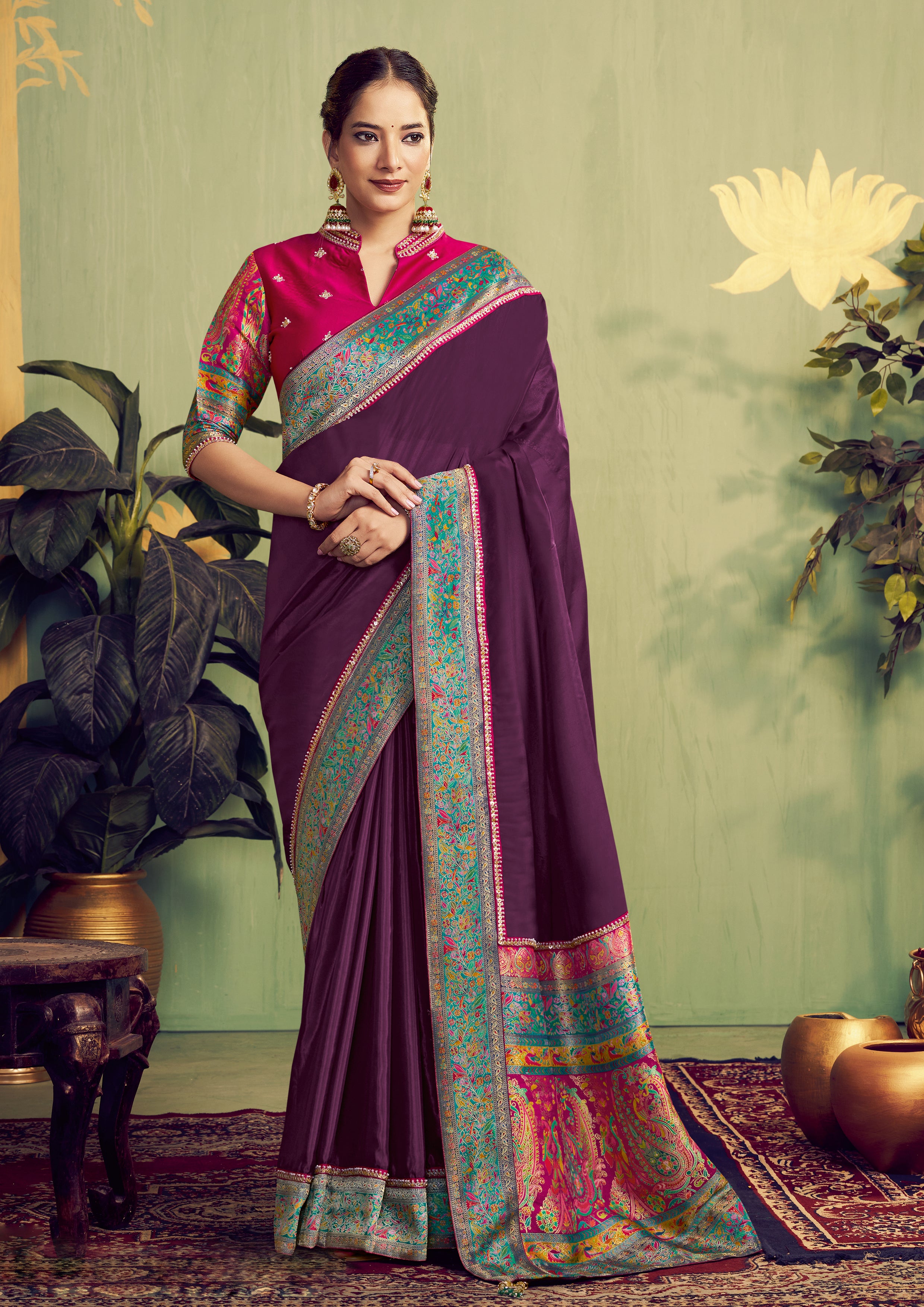 Wine Embellished Satin Silk Saree