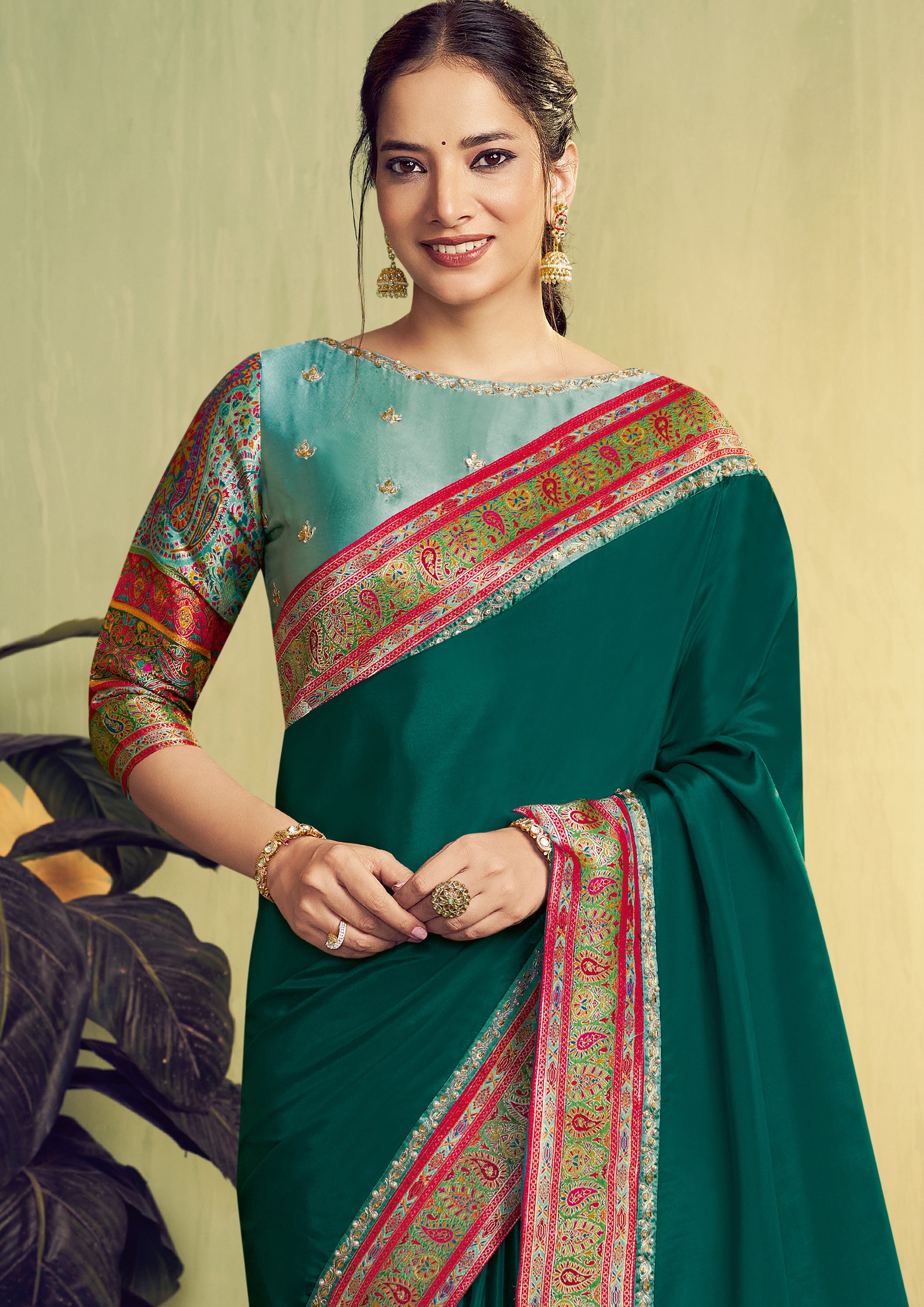 Emerald Green Embellished Satin Silk Saree