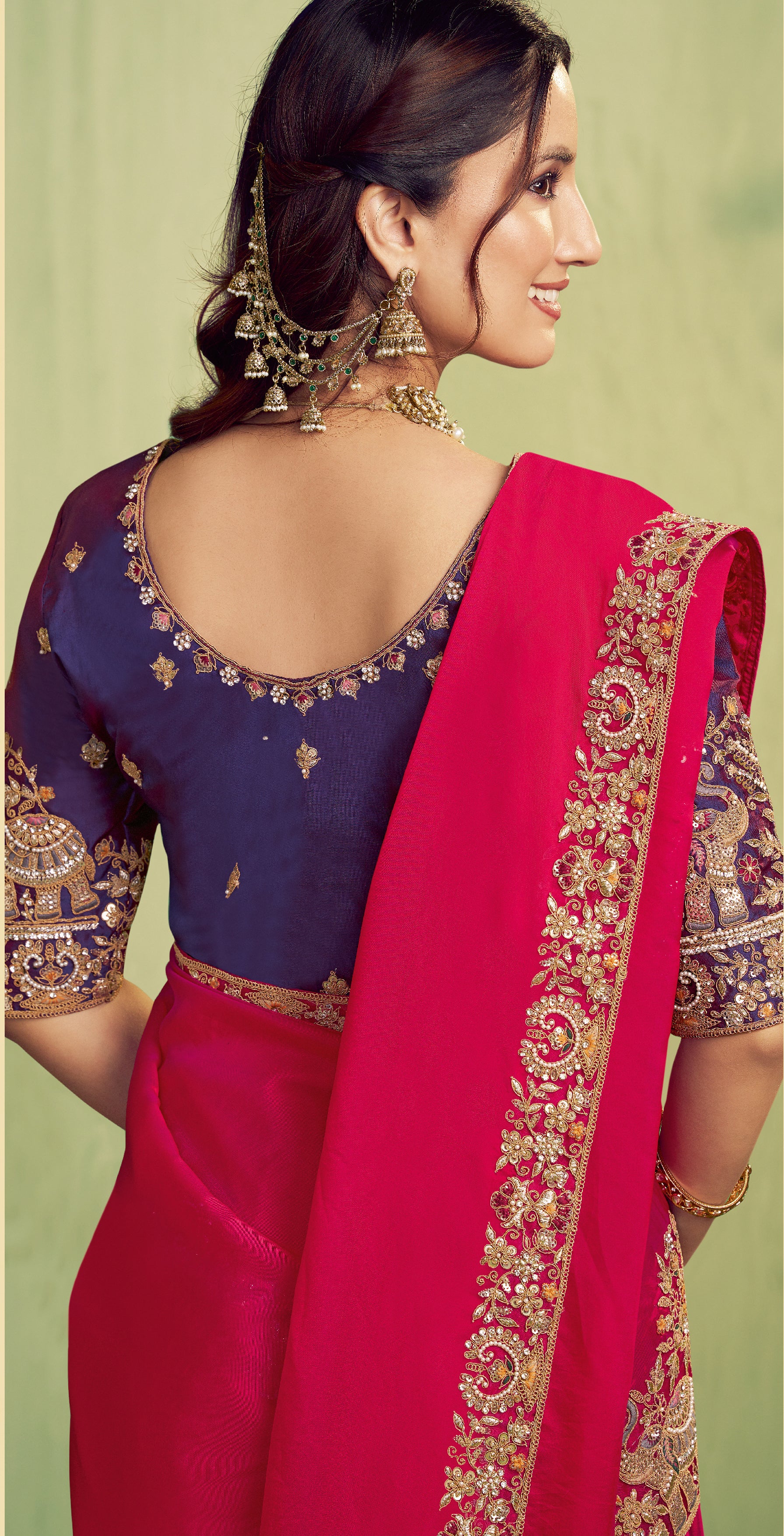Fuchsia Embroidered Satin Silk Saree