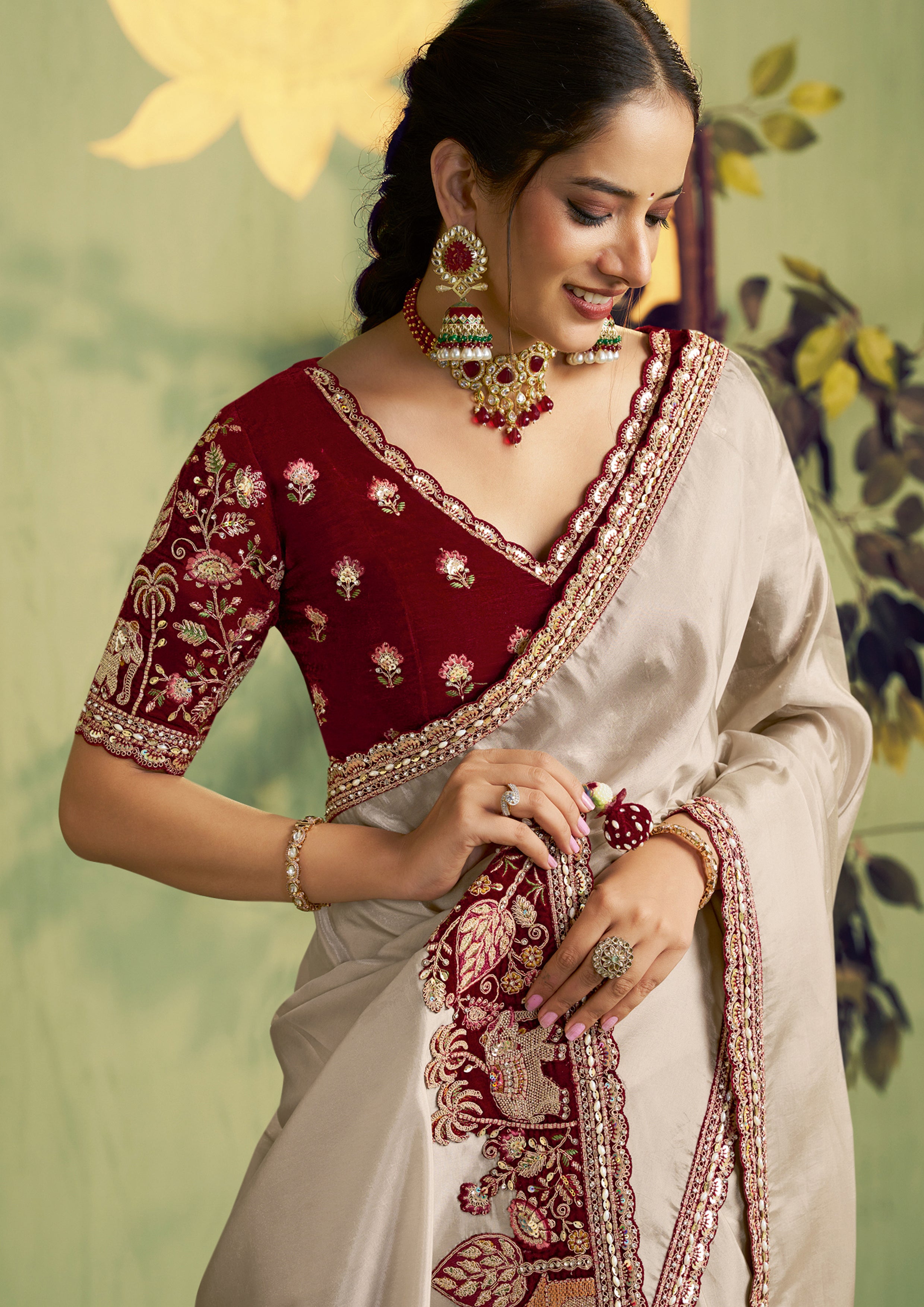 Beige Embroidered Uppada Silk Saree