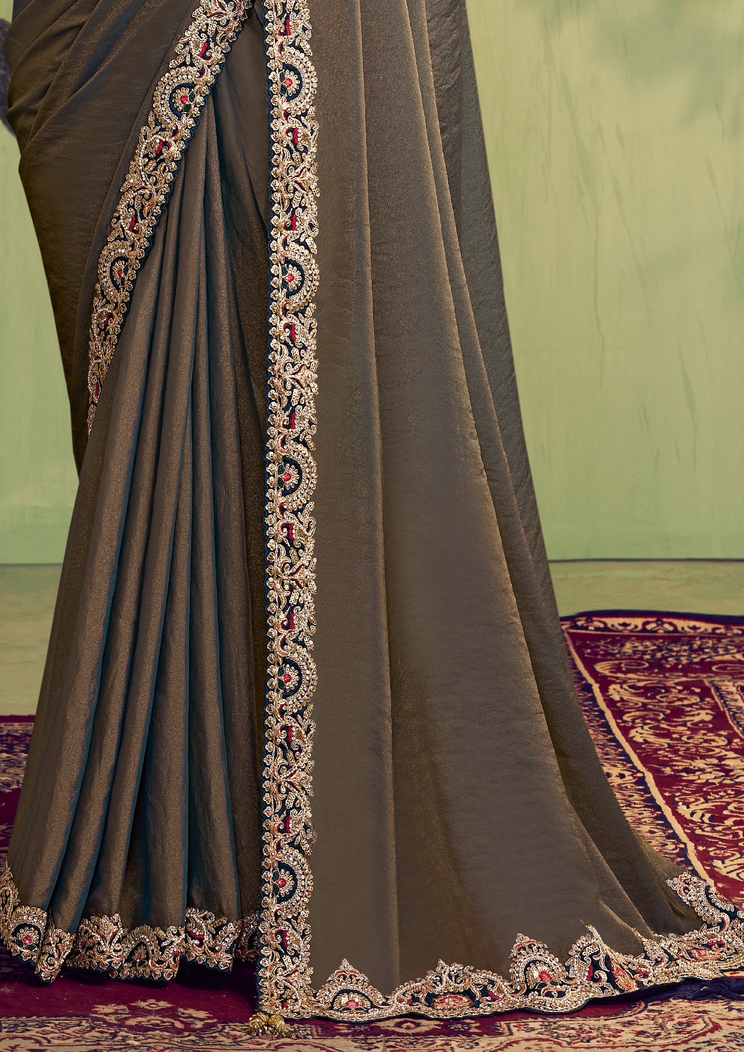Brown Embellished Shimmer Tissue Silk Saree