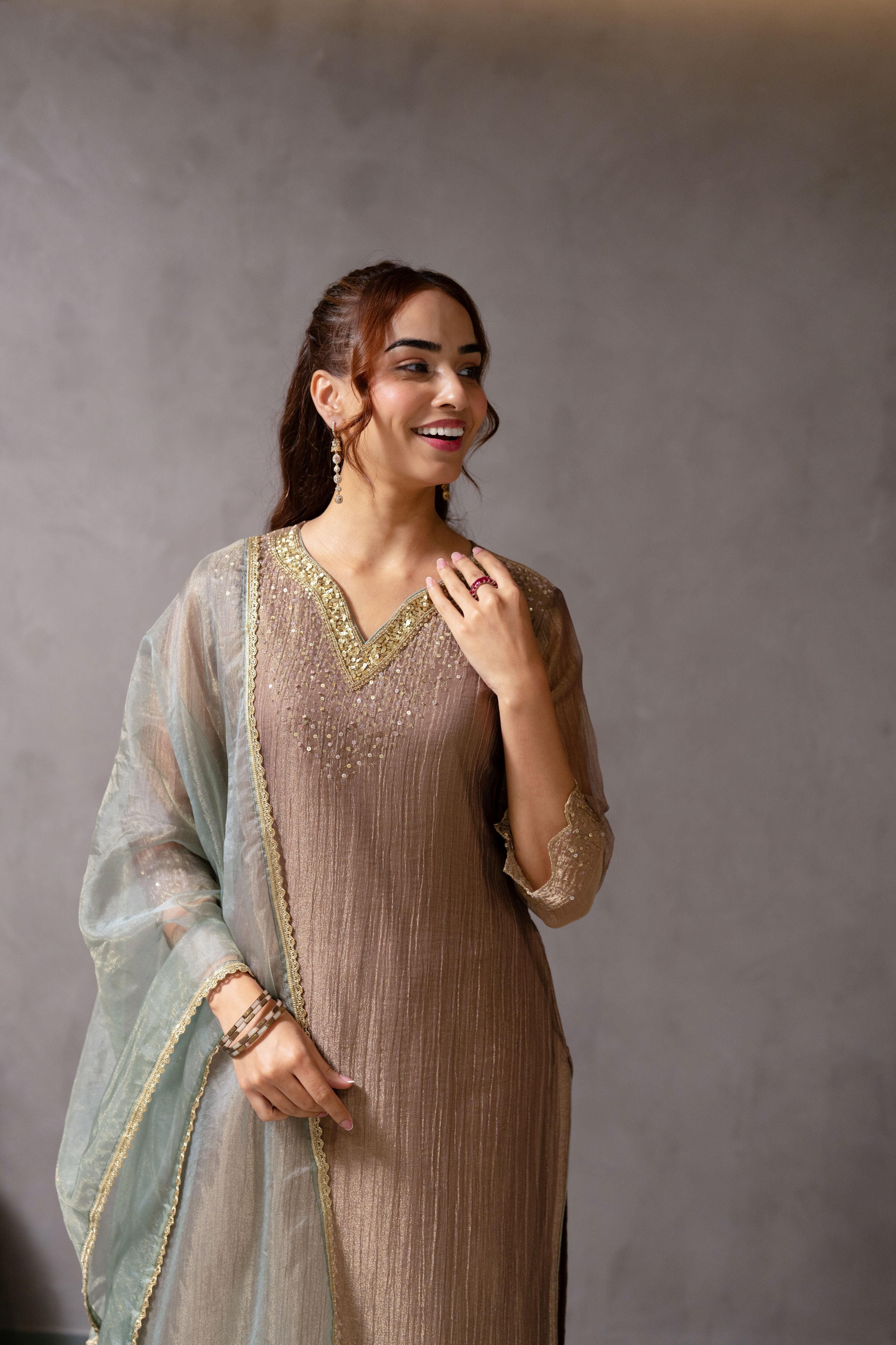 Bronze Metallic Embellished Shimmer Tissue Silk Pant Set