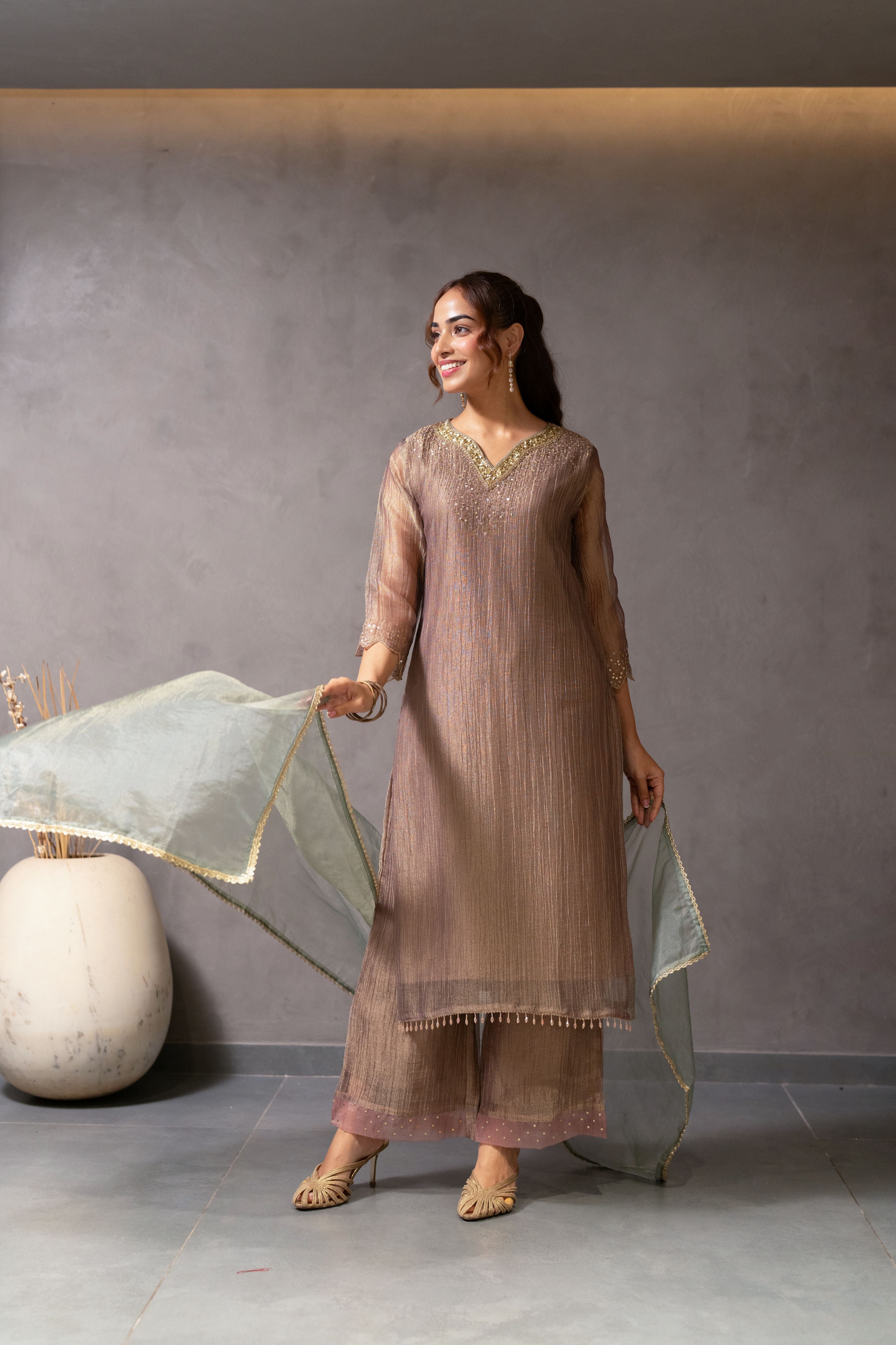 Bronze Metallic Embellished Shimmer Tissue Silk Pant Set