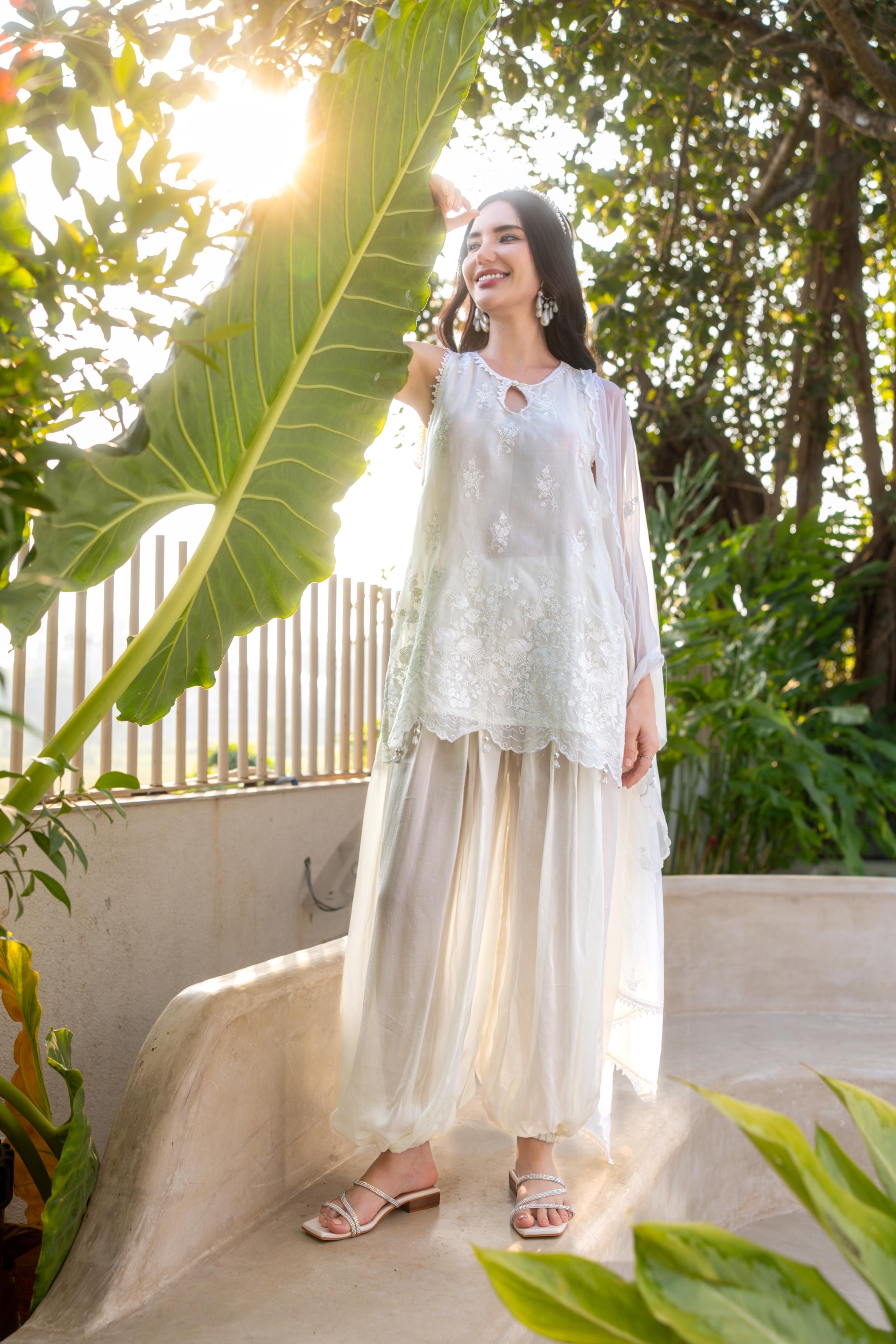 Ivory Pearl Embroidered Organza Silk Pant Set