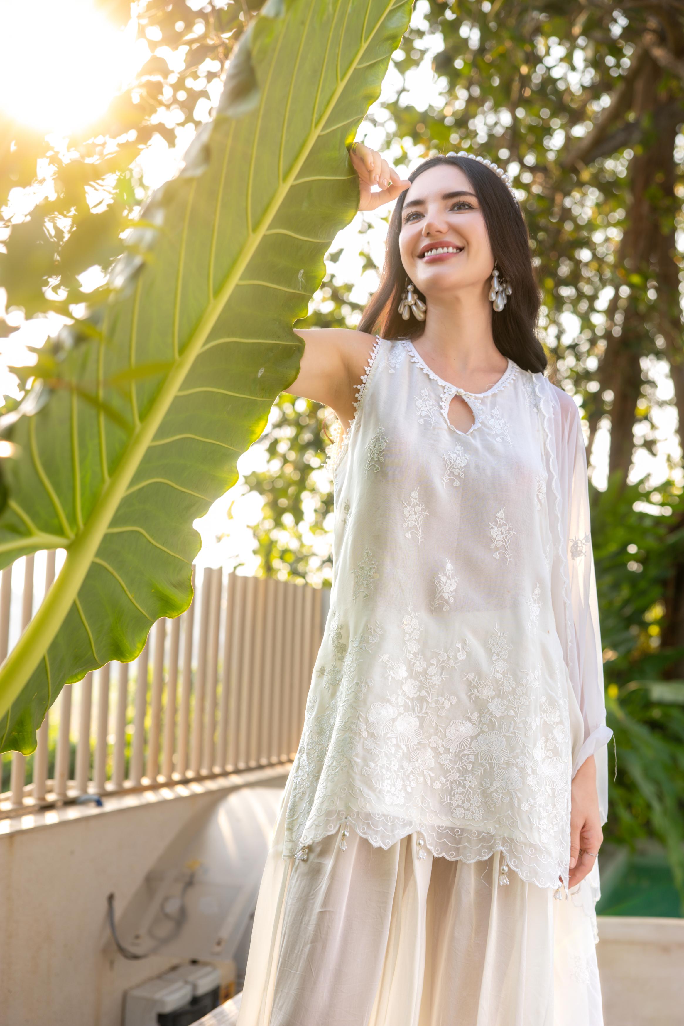 Ivory Pearl Embroidered Organza Silk Pant Set