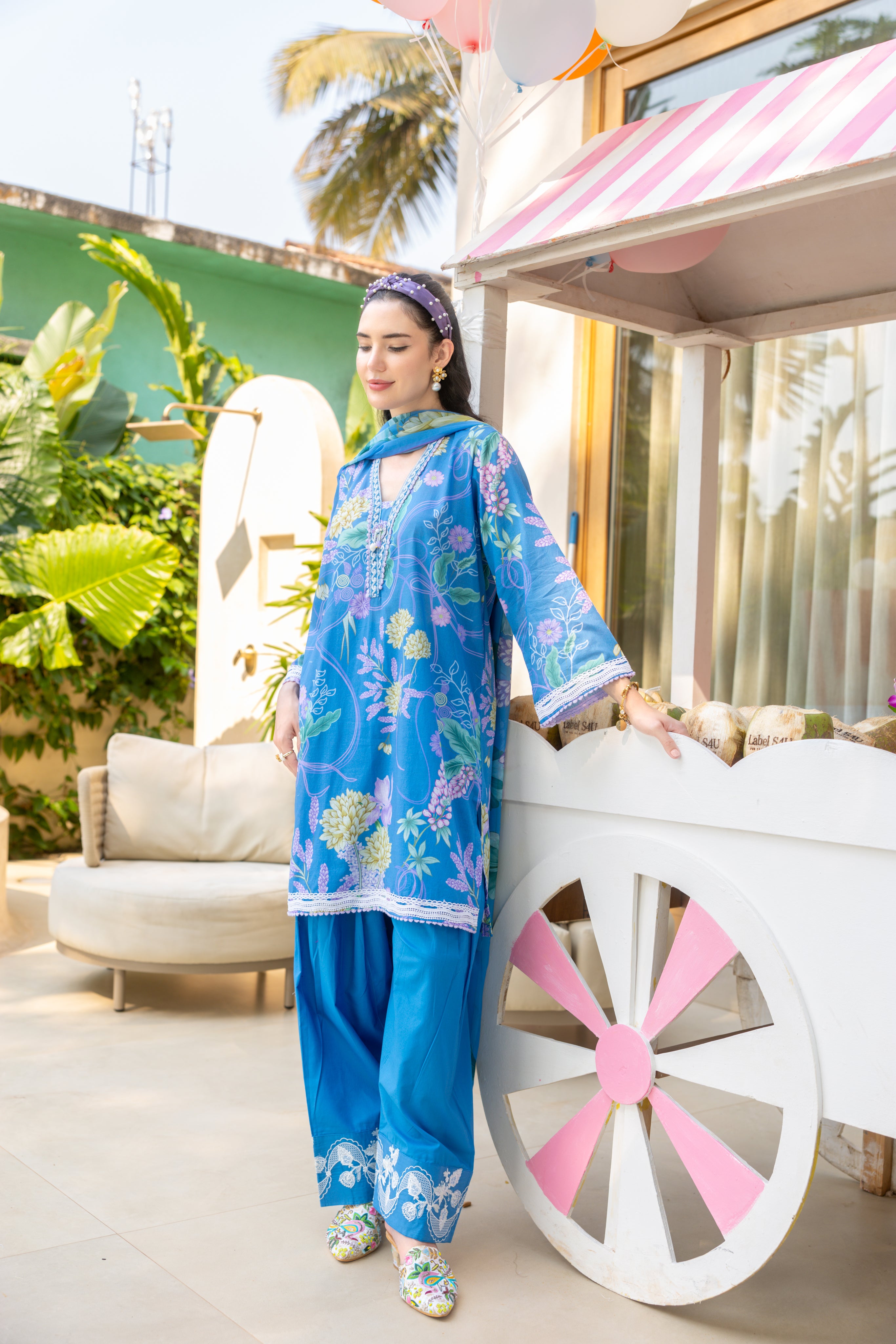 Cerulean Flora Printed Cotton Anarkali Set