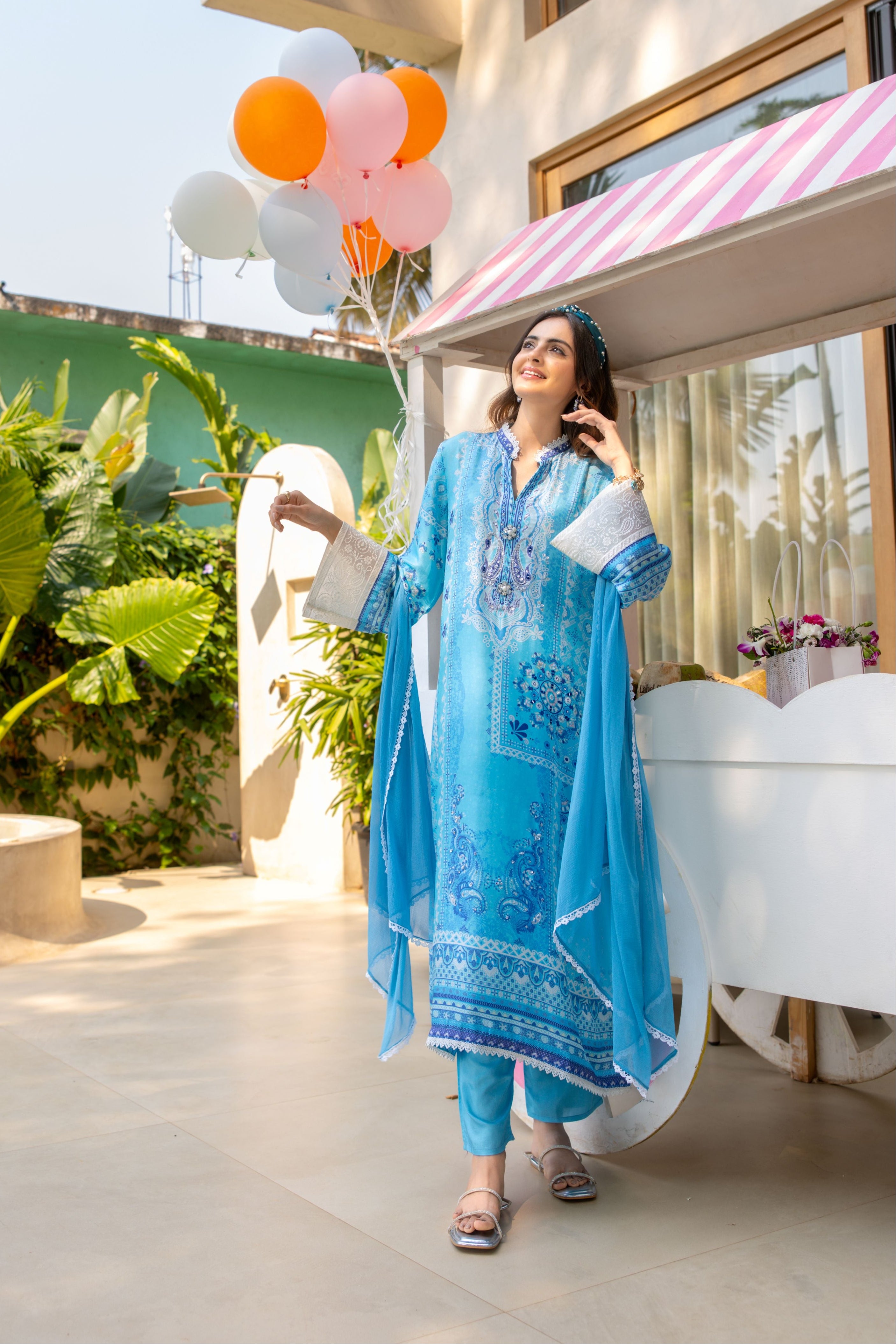 Blue Opal Embellished Satin Silk Pant Set