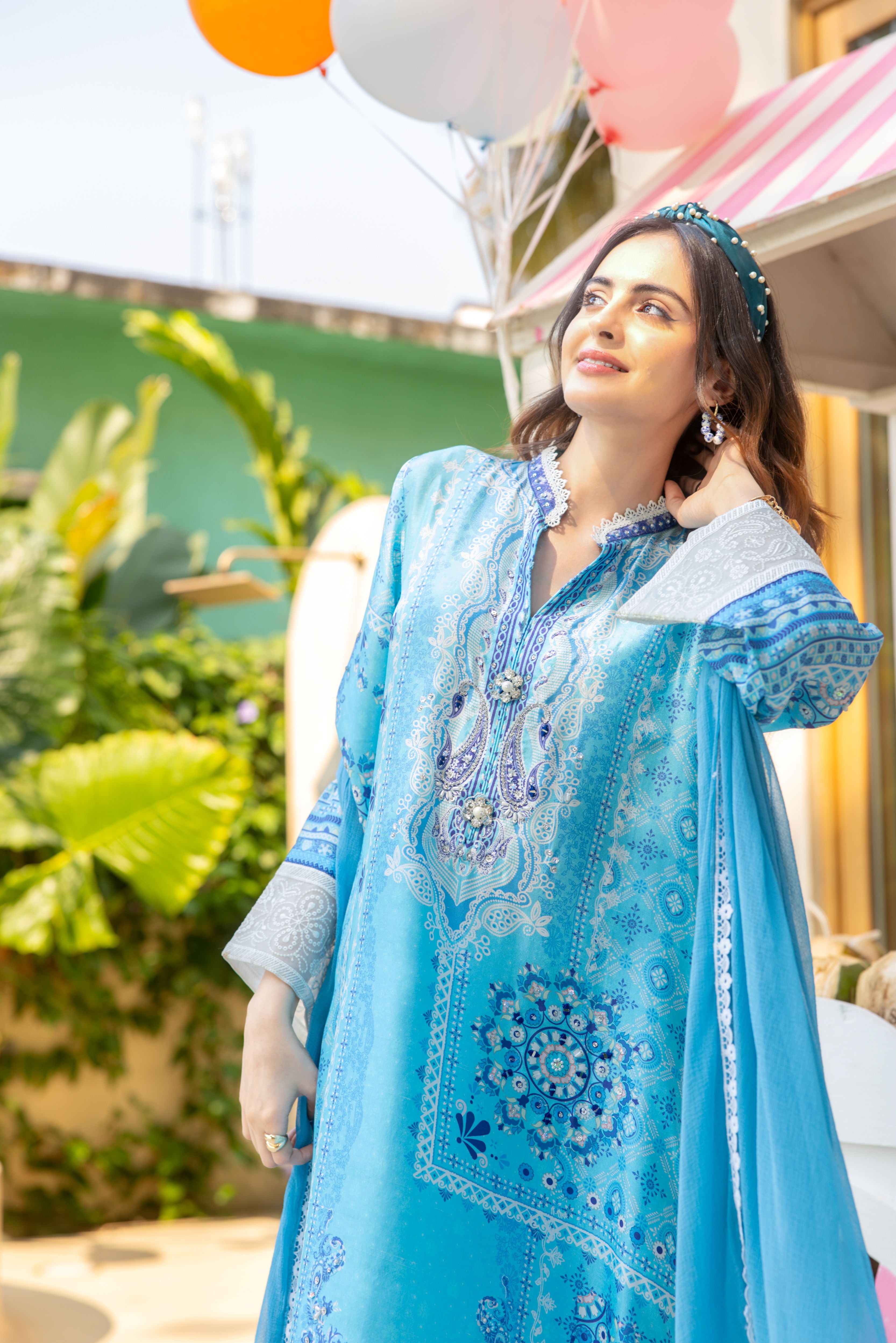 Blue Opal Embellished Satin Silk Pant Set