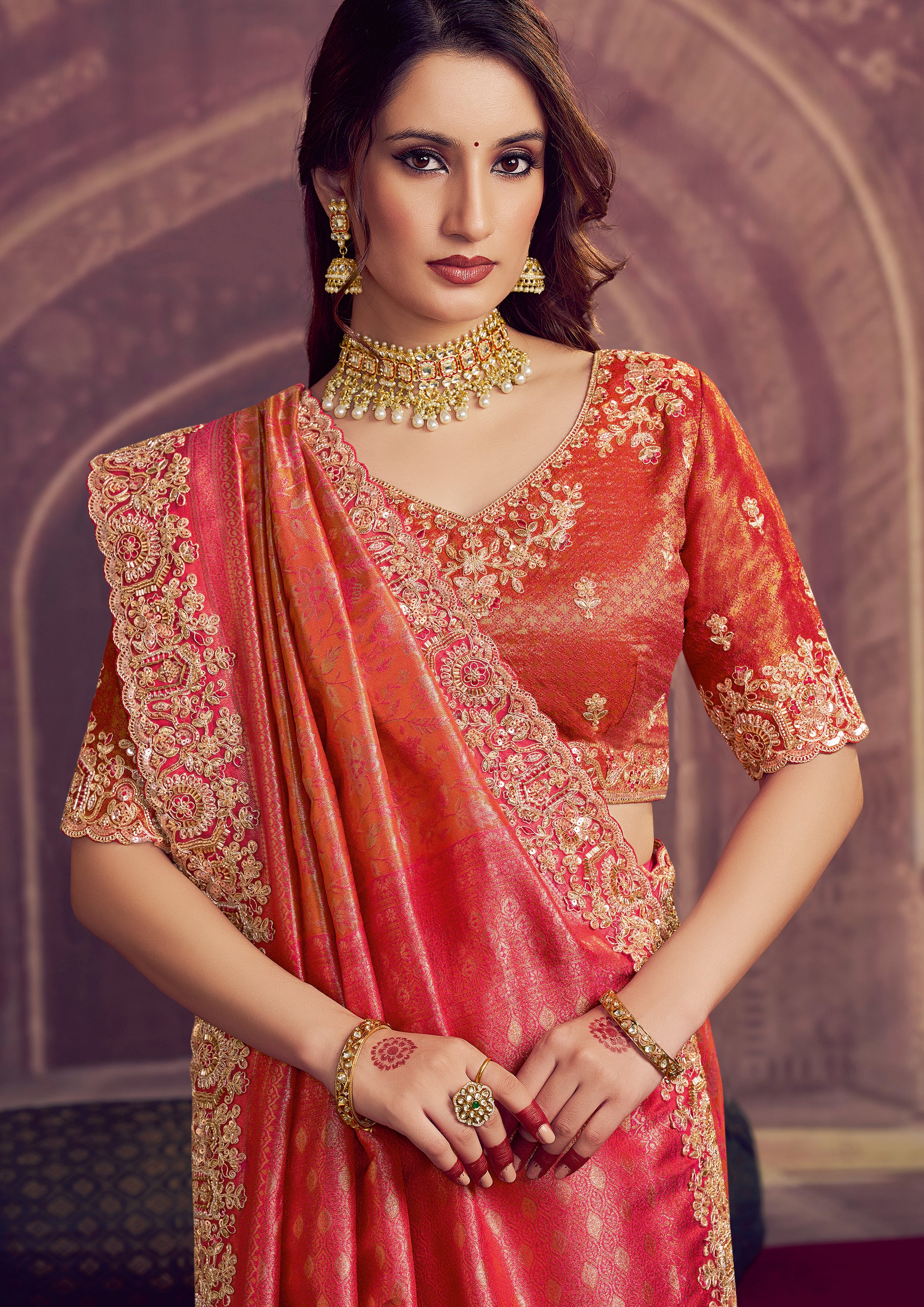 Coral Orange Embellished Kanjivaram Silk Saree