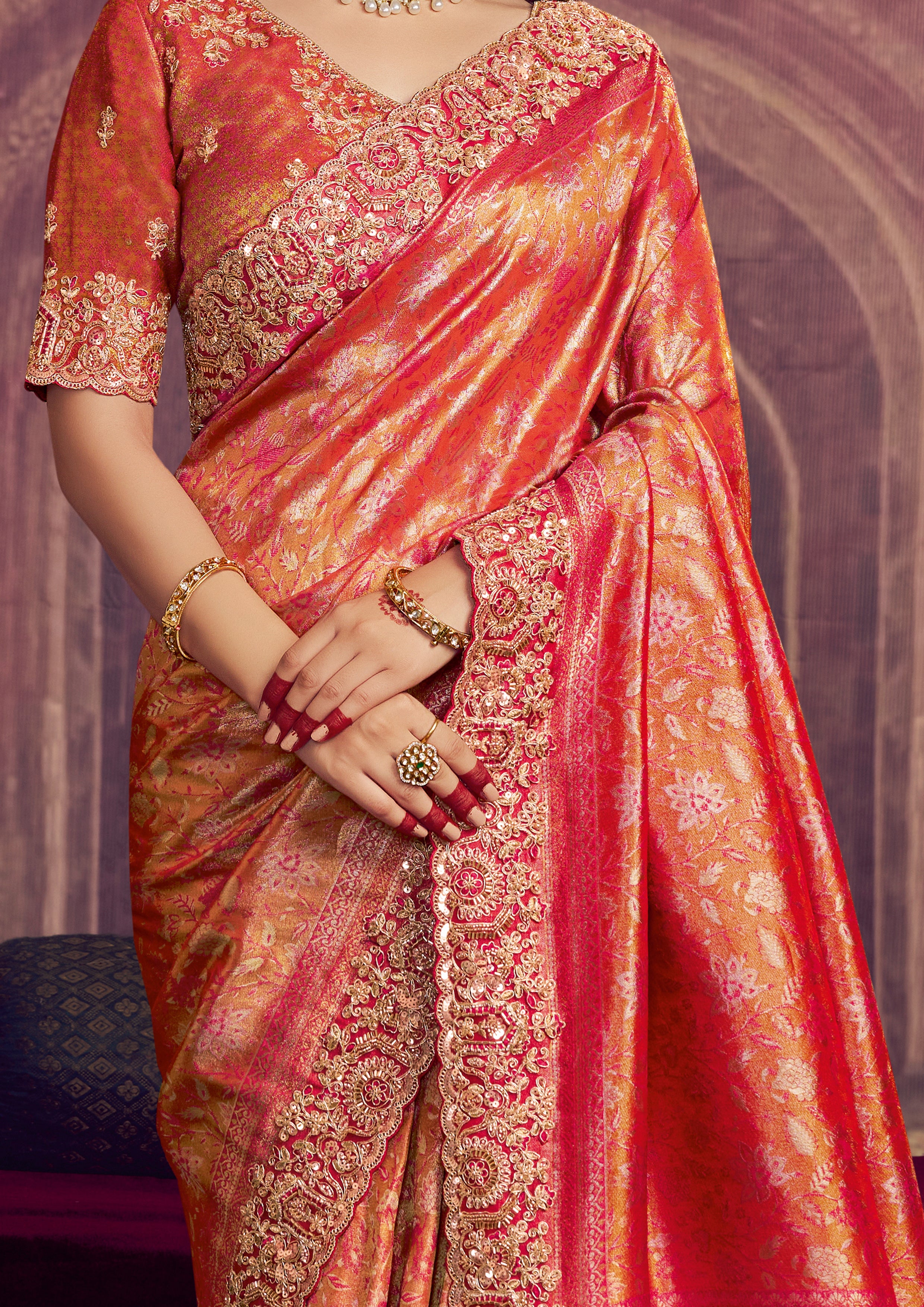 Coral Orange Embellished Kanjivaram Silk Saree