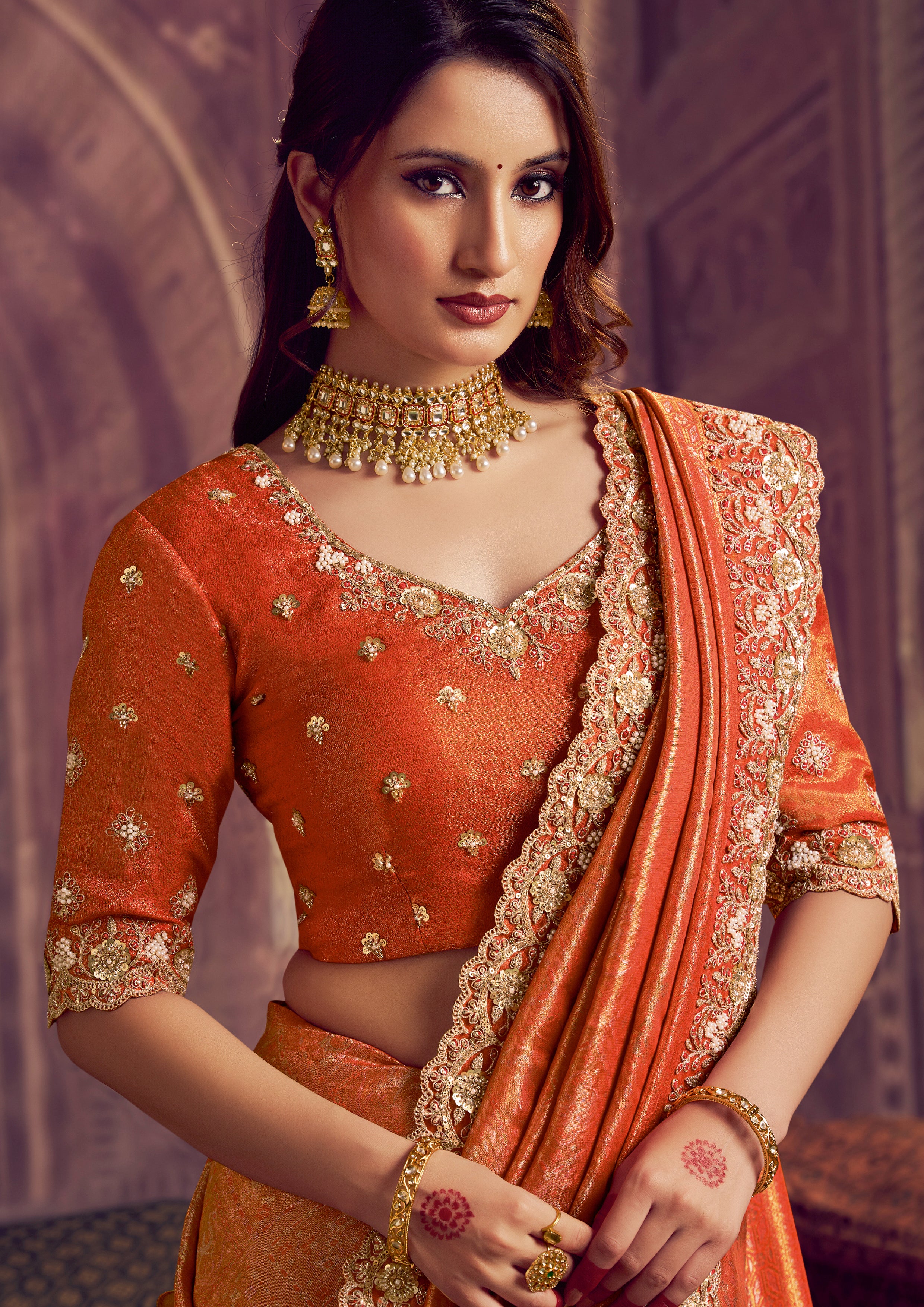 Marigold Orange Embellished Kanjivaram Silk Saree