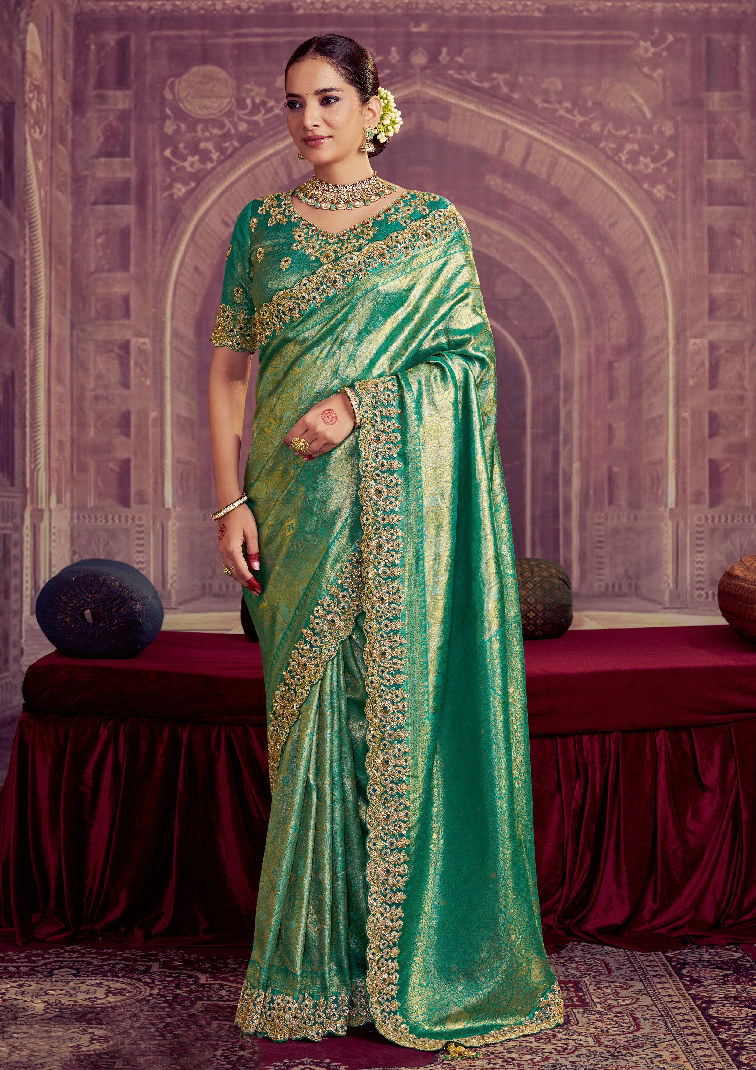Sparkle Green Embellished Kanjivaram Silk Saree