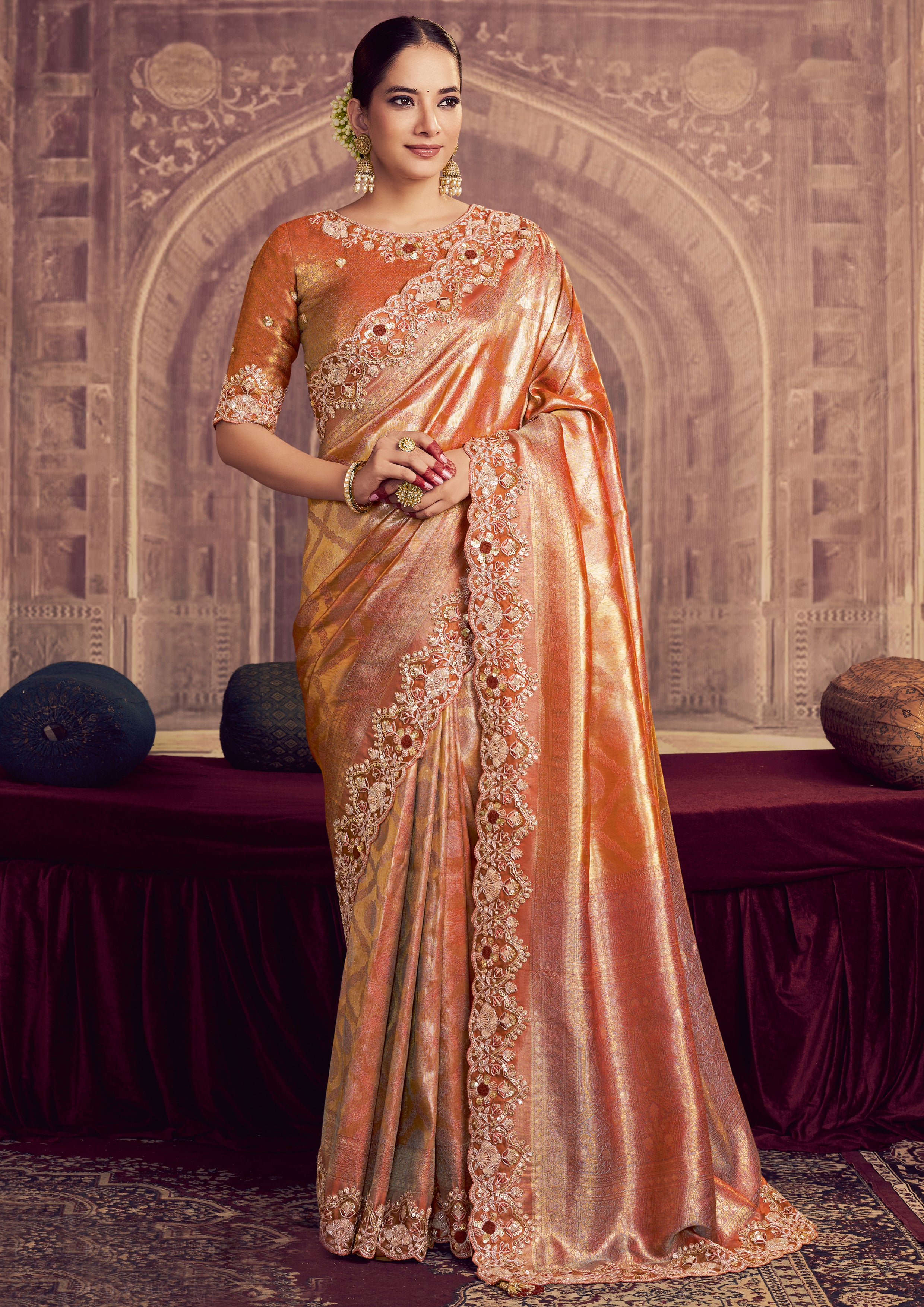 Rust Orange Embellished Kanjivaram Silk Saree