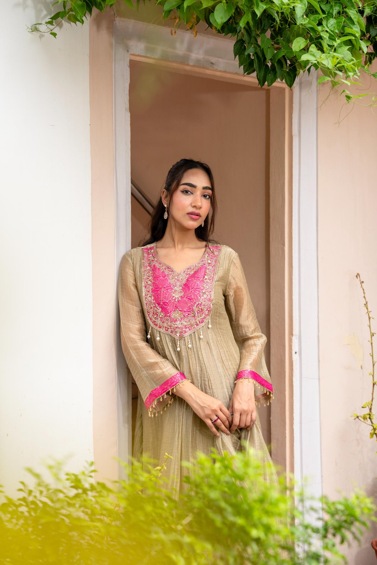 Golden Beige Embellished Shimmer Silk Kurta Set
