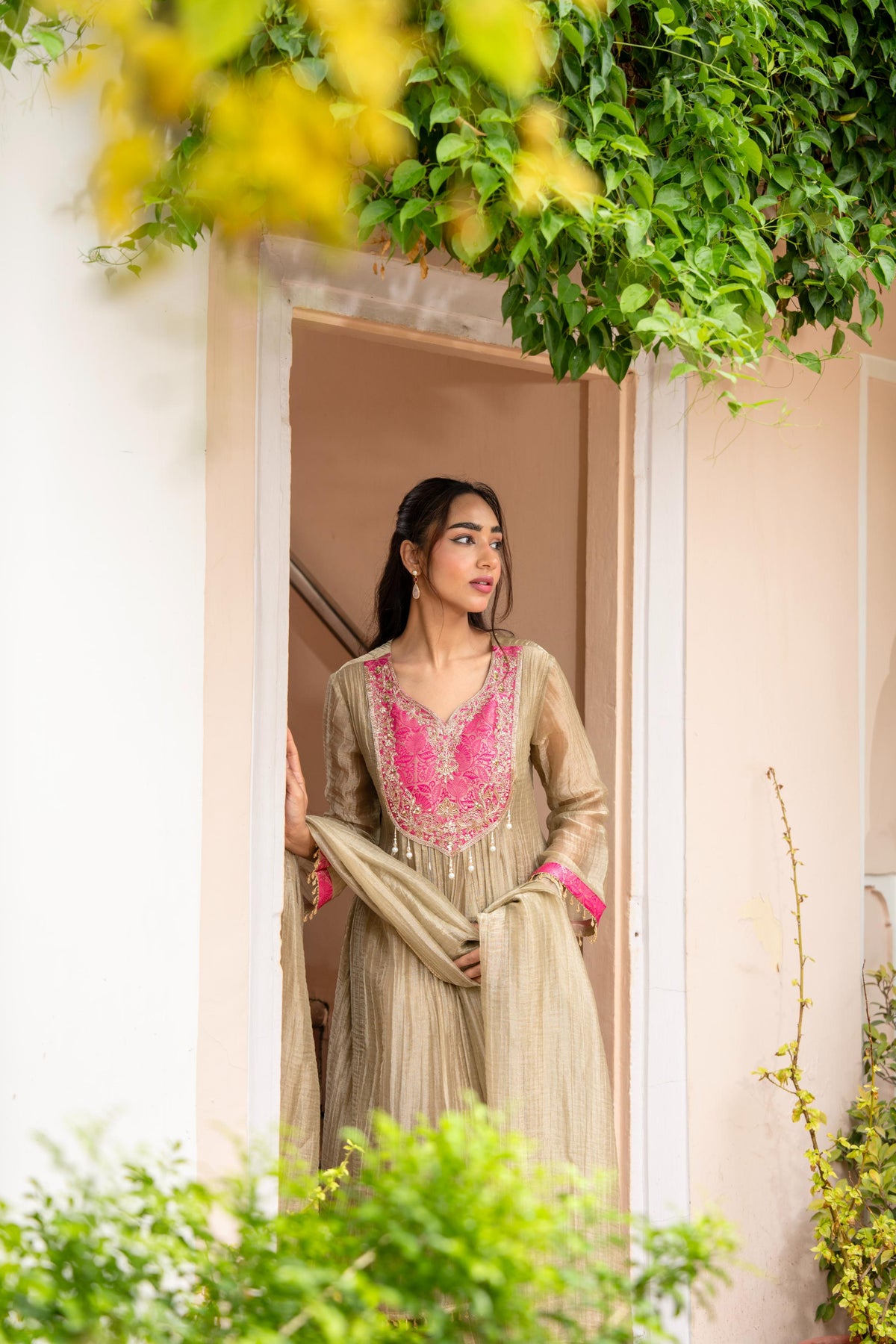 Golden Beige Embellished Shimmer Silk Kurta Set
