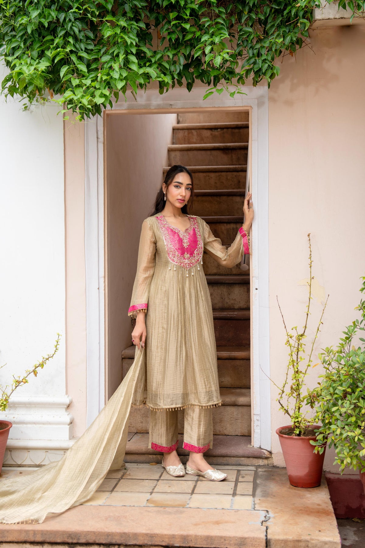 Golden Beige Embellished Shimmer Silk Kurta Set