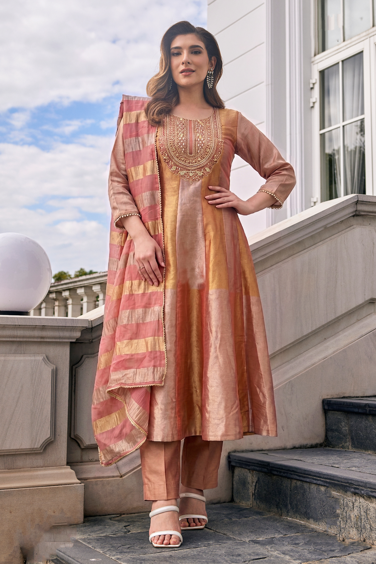 Elegant Peach Gold Embellished Mul Silk Anarkali Set