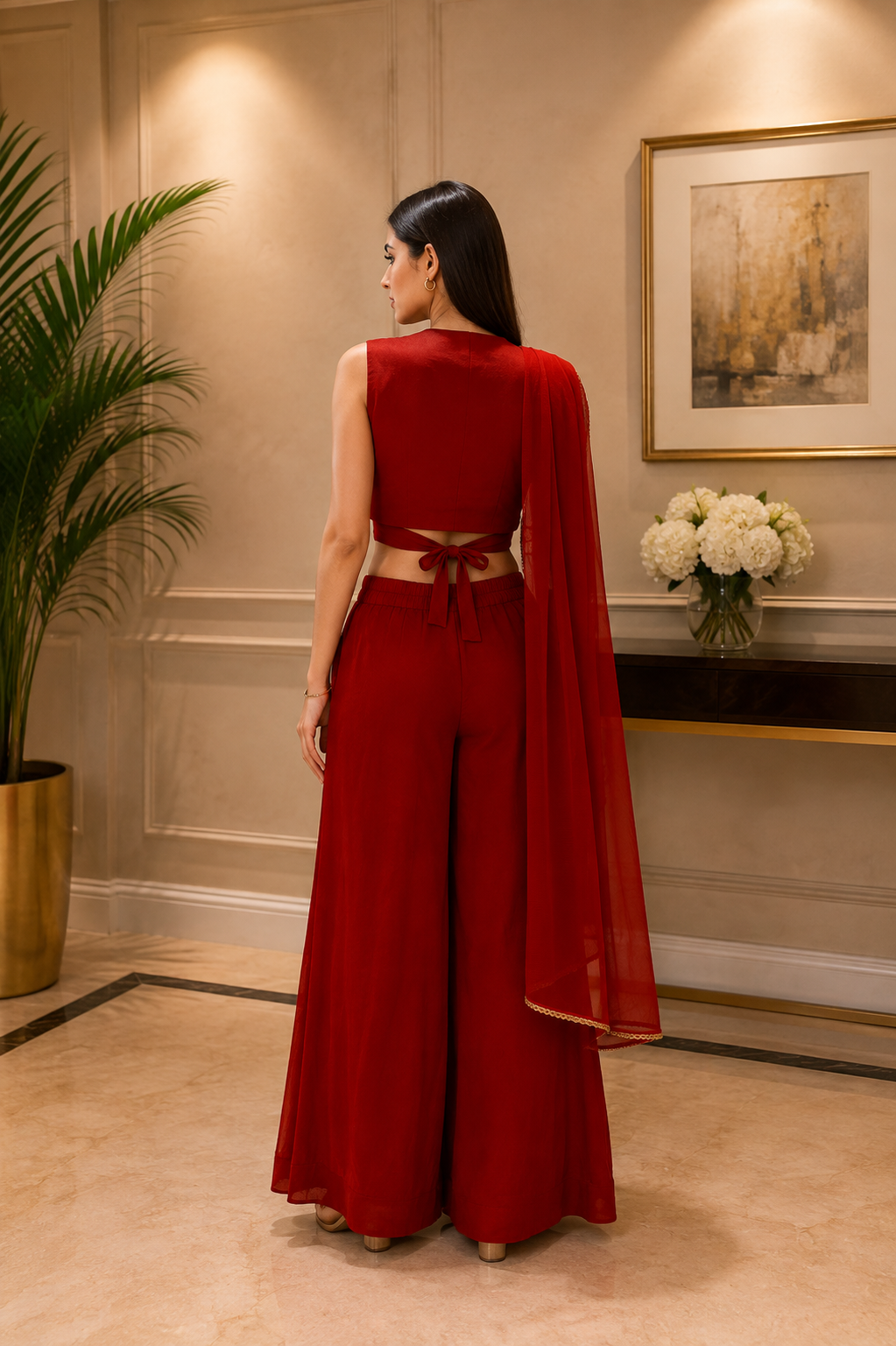 Rust Rouge Embellished Crepe Silk Palazzo Set