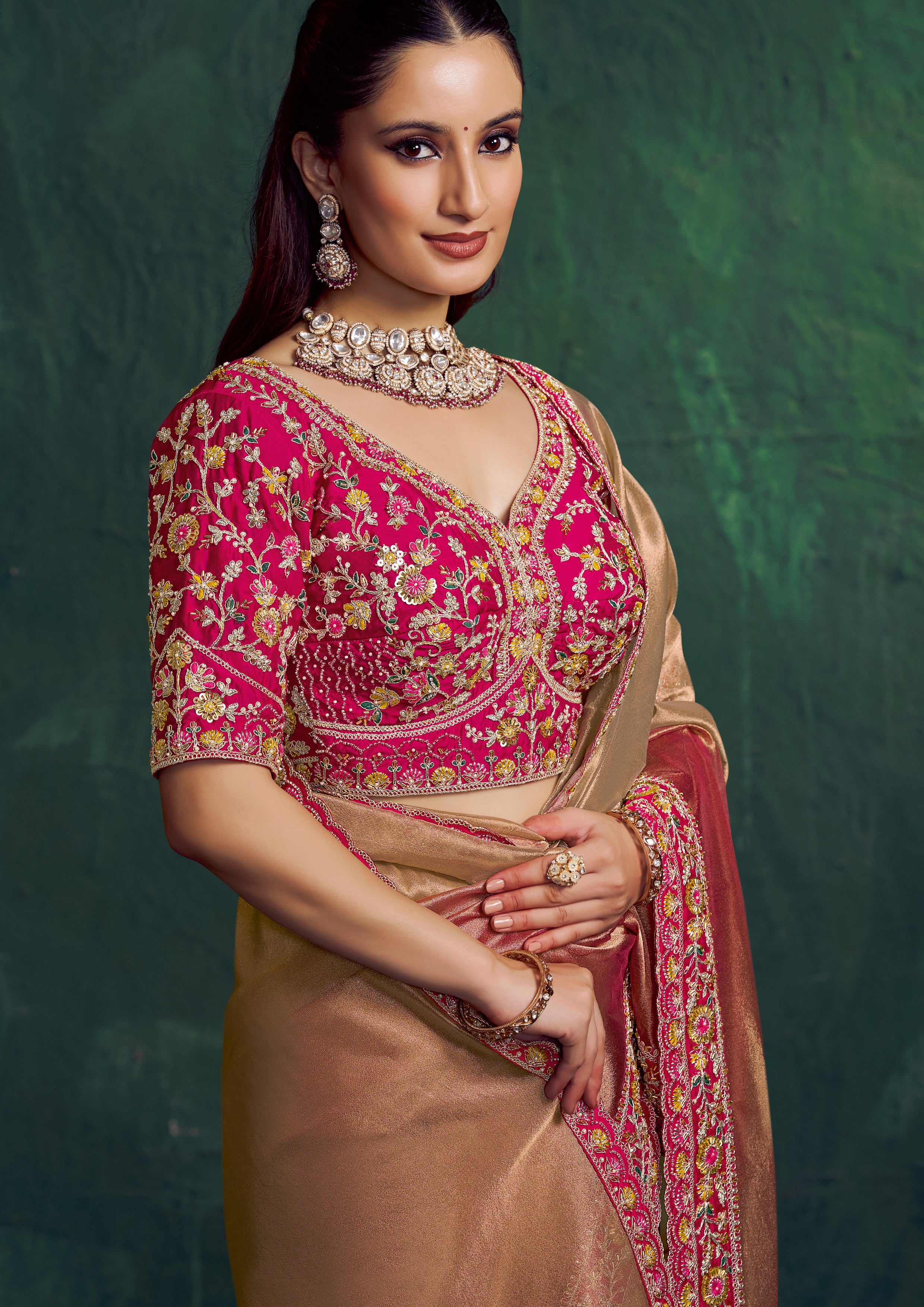 Copper Gold Embroidered Shimmer Tissue Silk Saree