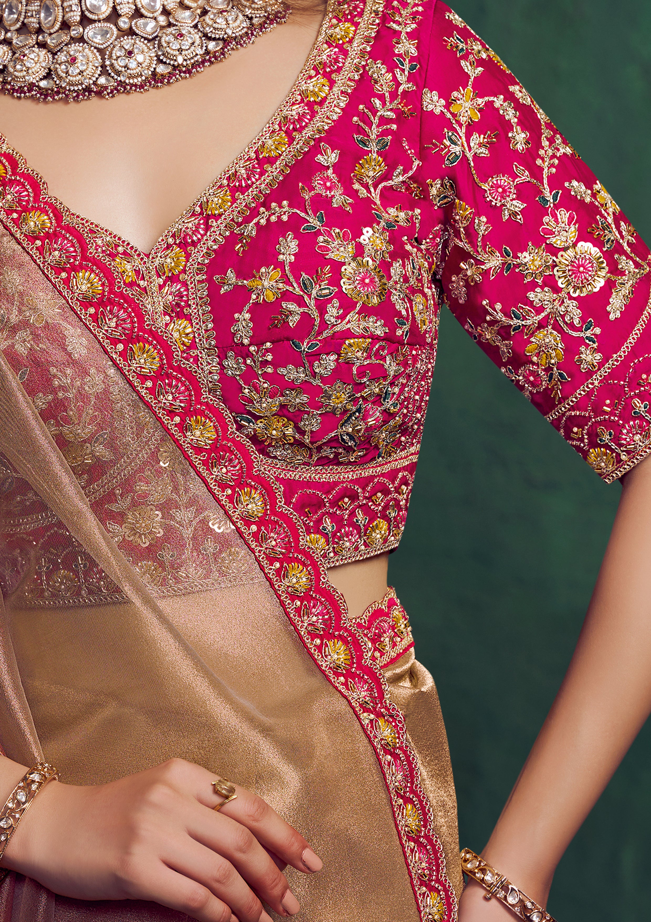 Copper Gold Embroidered Shimmer Tissue Silk Saree