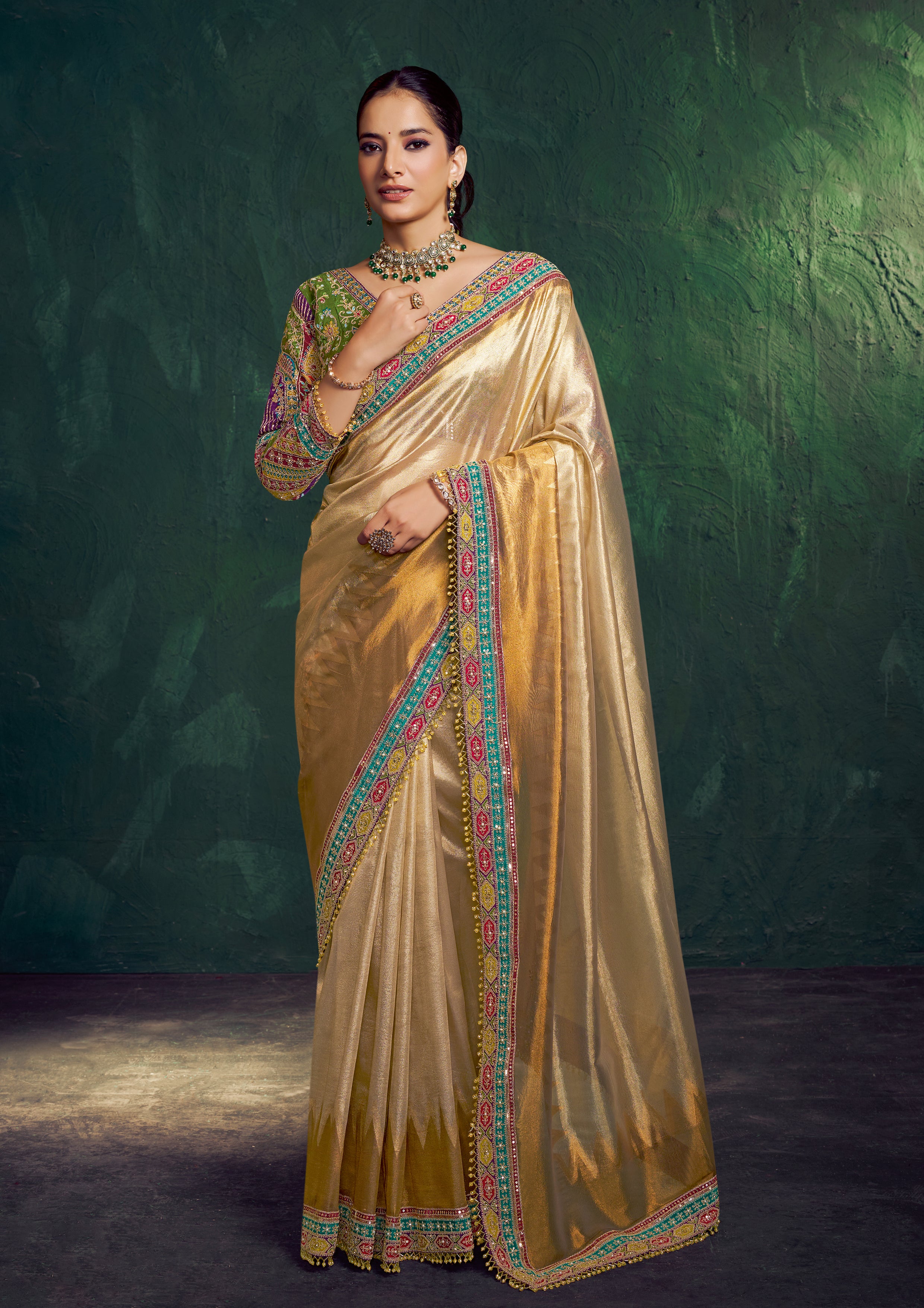 Muted Gold Embroidered Shimmer Tissue Silk Saree