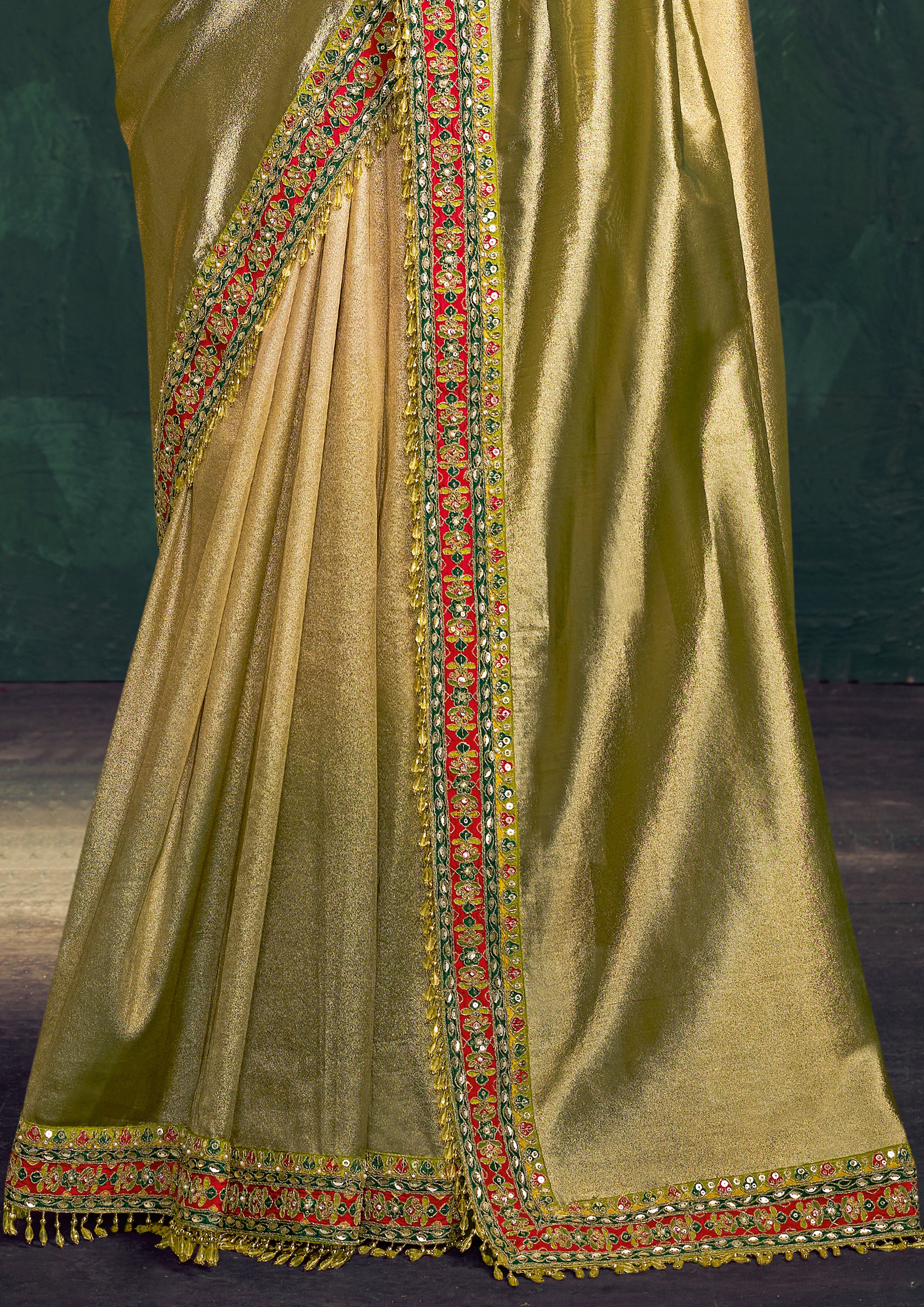 Sunglow Green Embroidered Shimmer Tissue Silk Saree