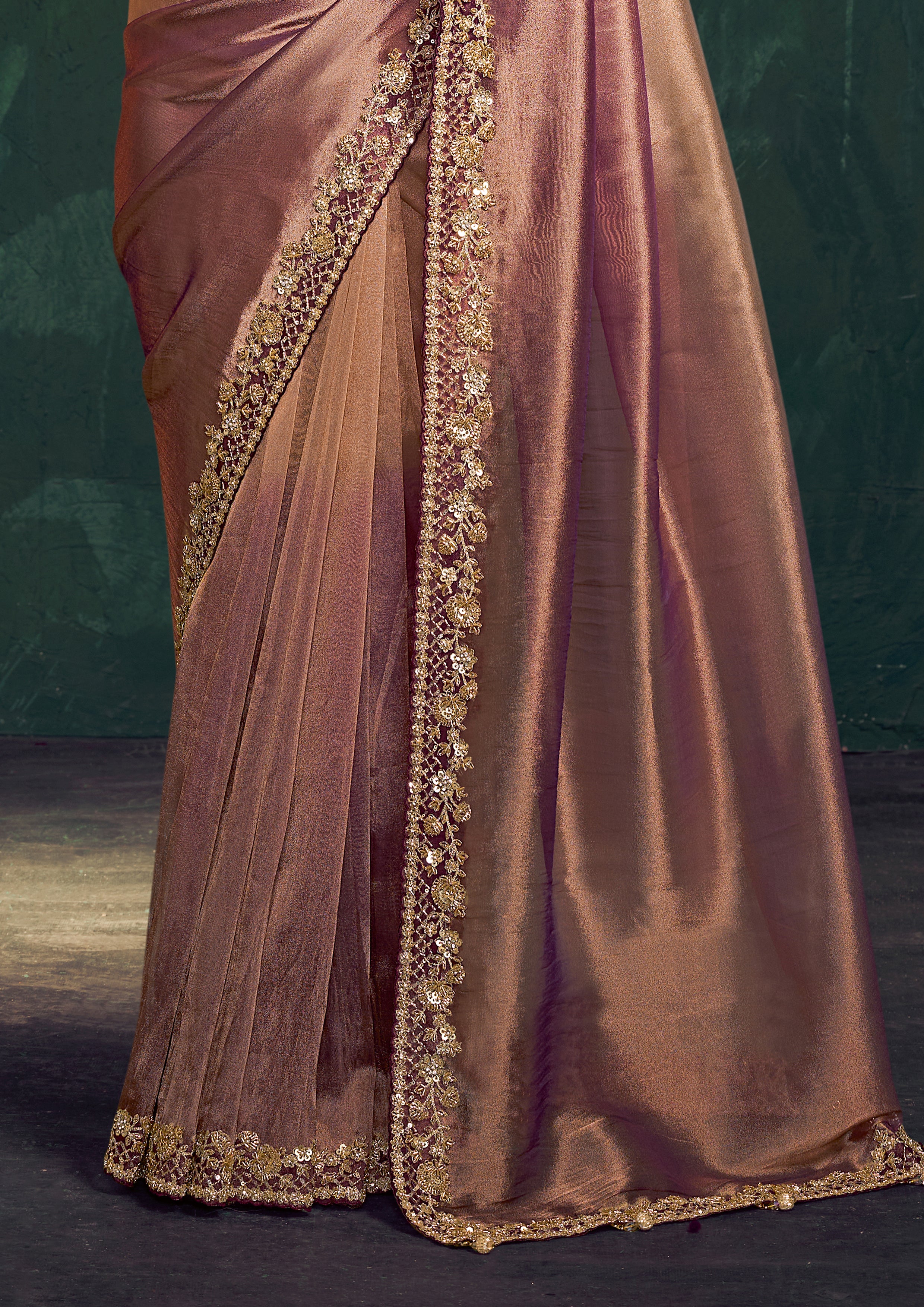 Dusty Mauve Gold Embellished Shimmer Tissue Silk Saree