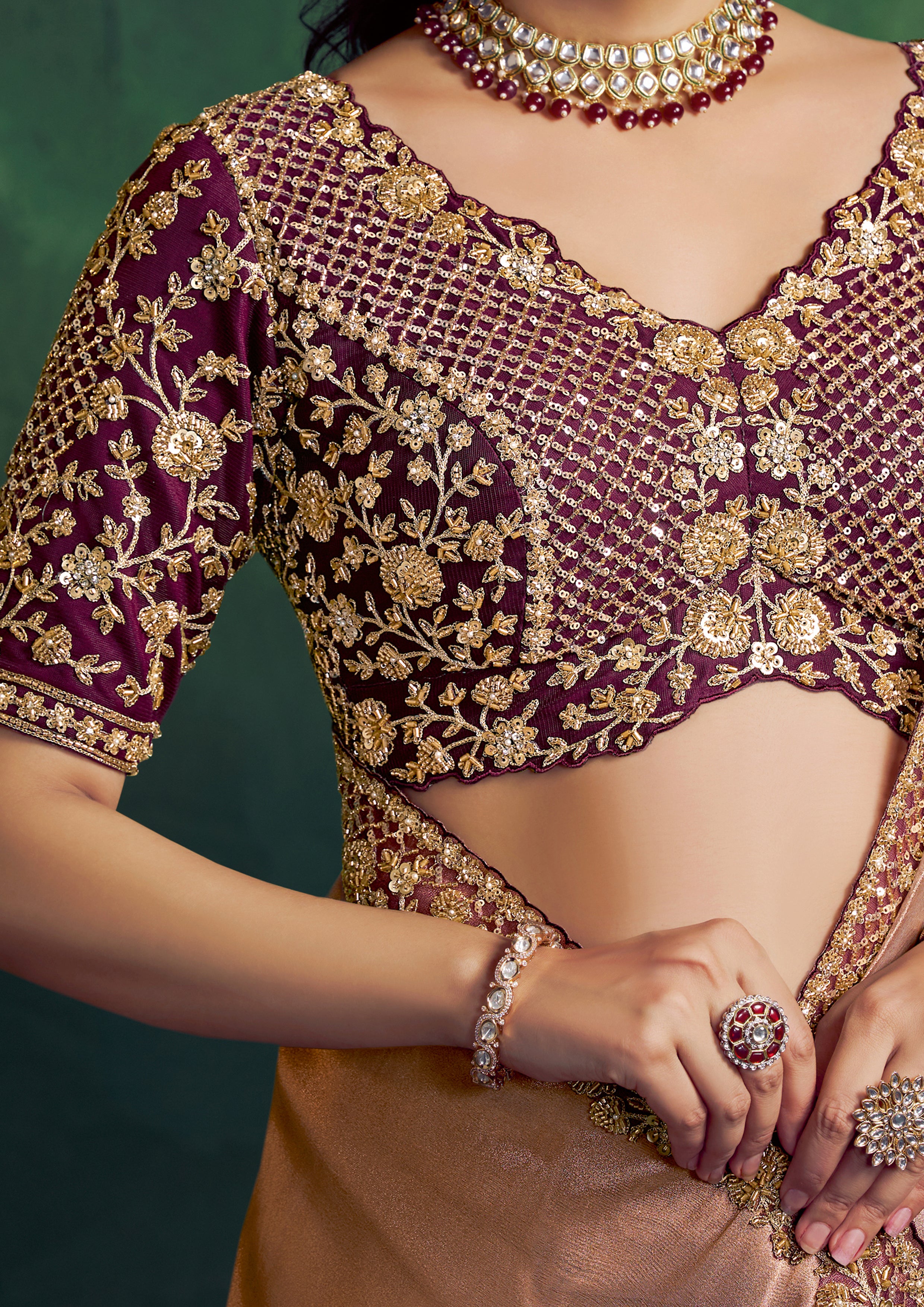 Dusty Mauve Gold Embellished Shimmer Tissue Silk Saree