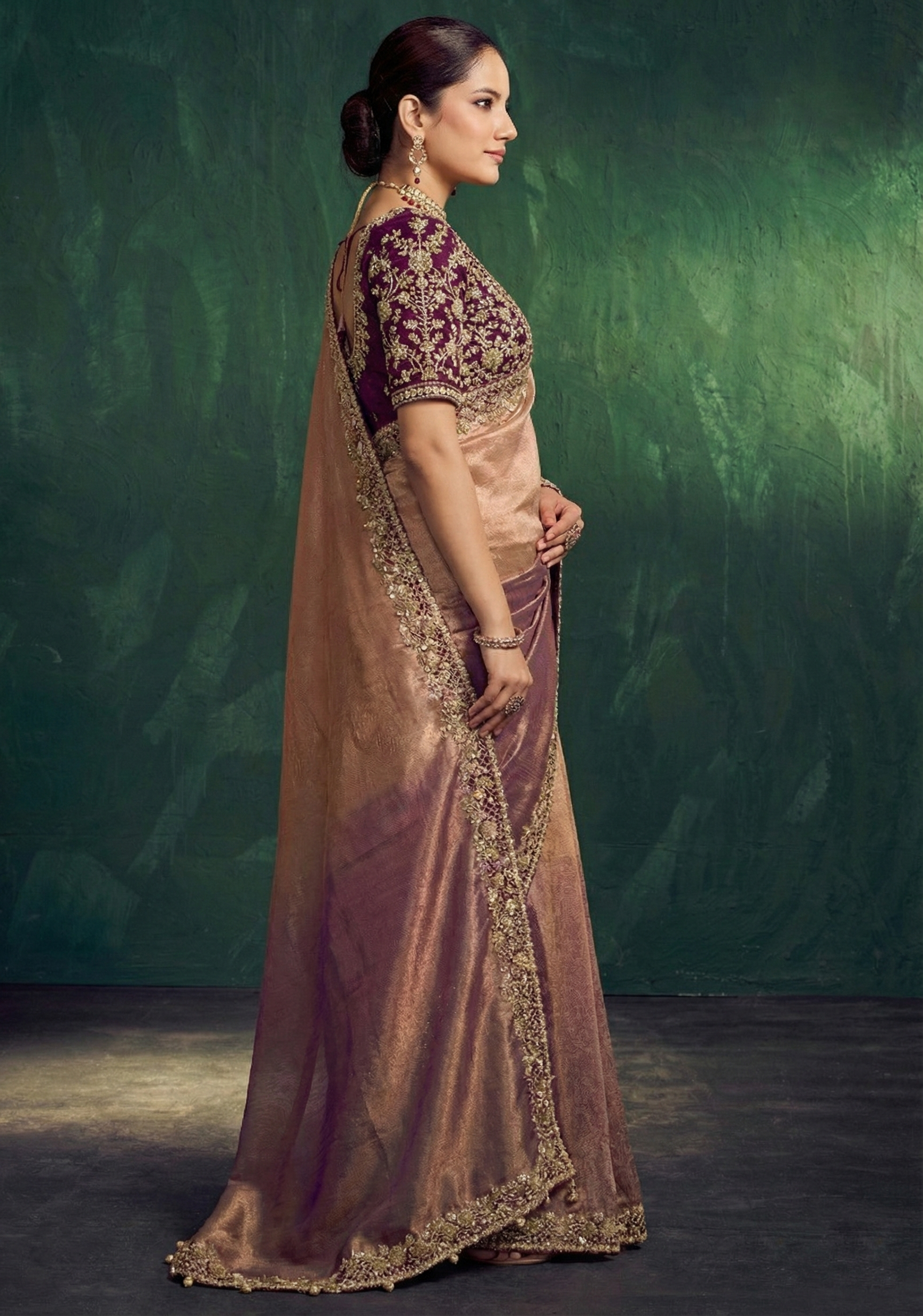 Dusty Mauve Gold Embellished Shimmer Tissue Silk Saree