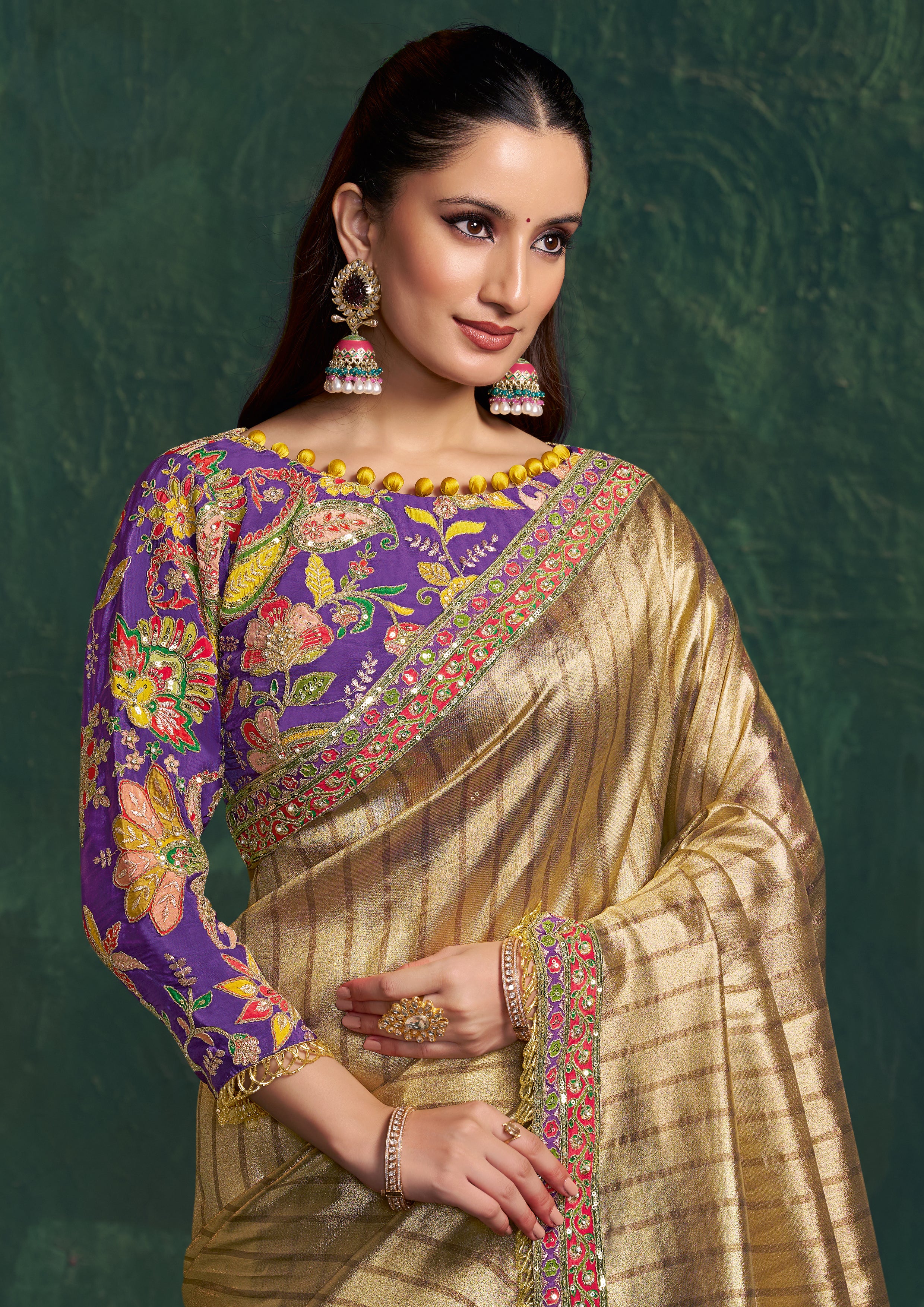 Champagne Gold Embroidered Shimmer Tissue Silk Saree
