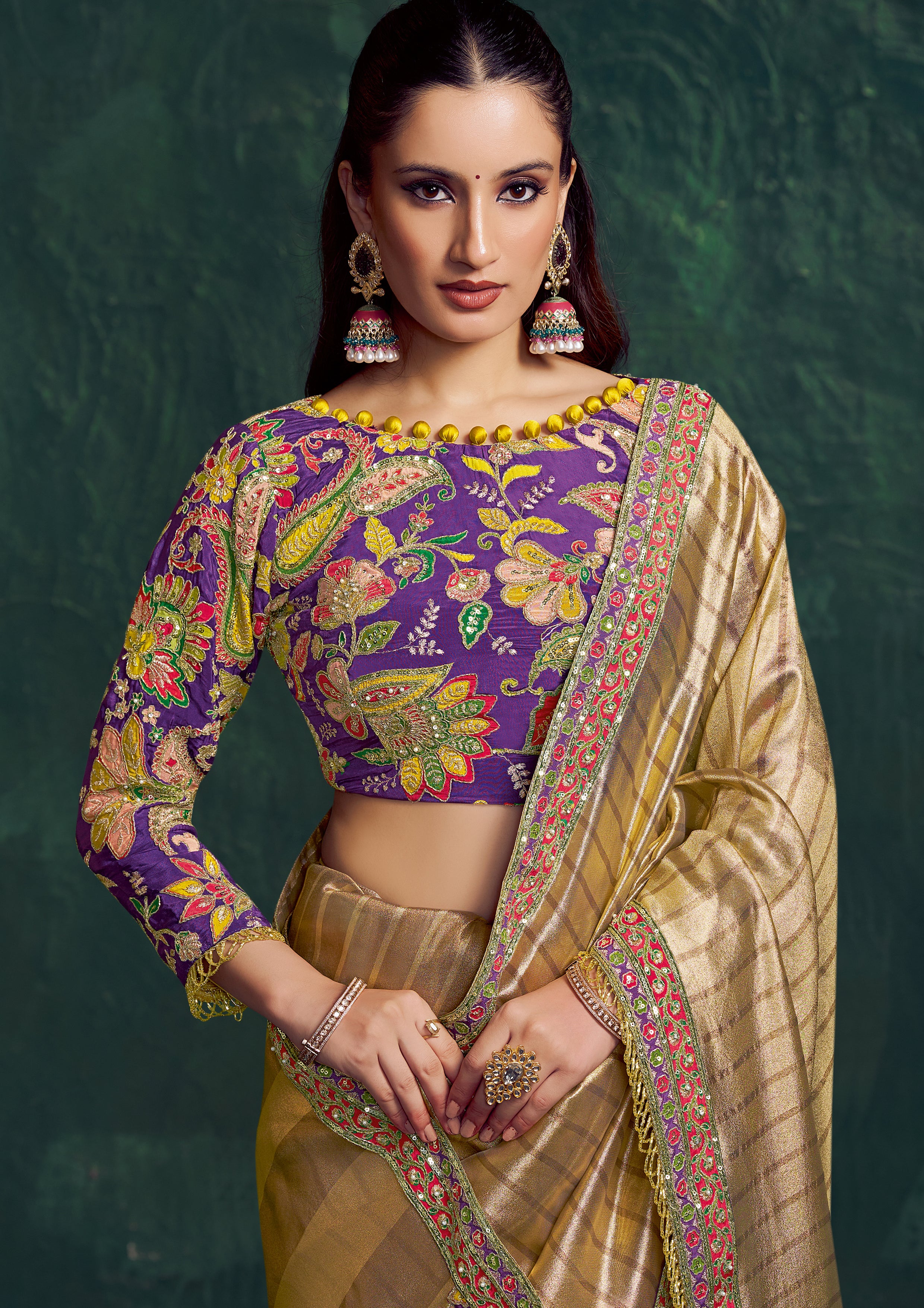 Champagne Gold Embroidered Shimmer Tissue Silk Saree