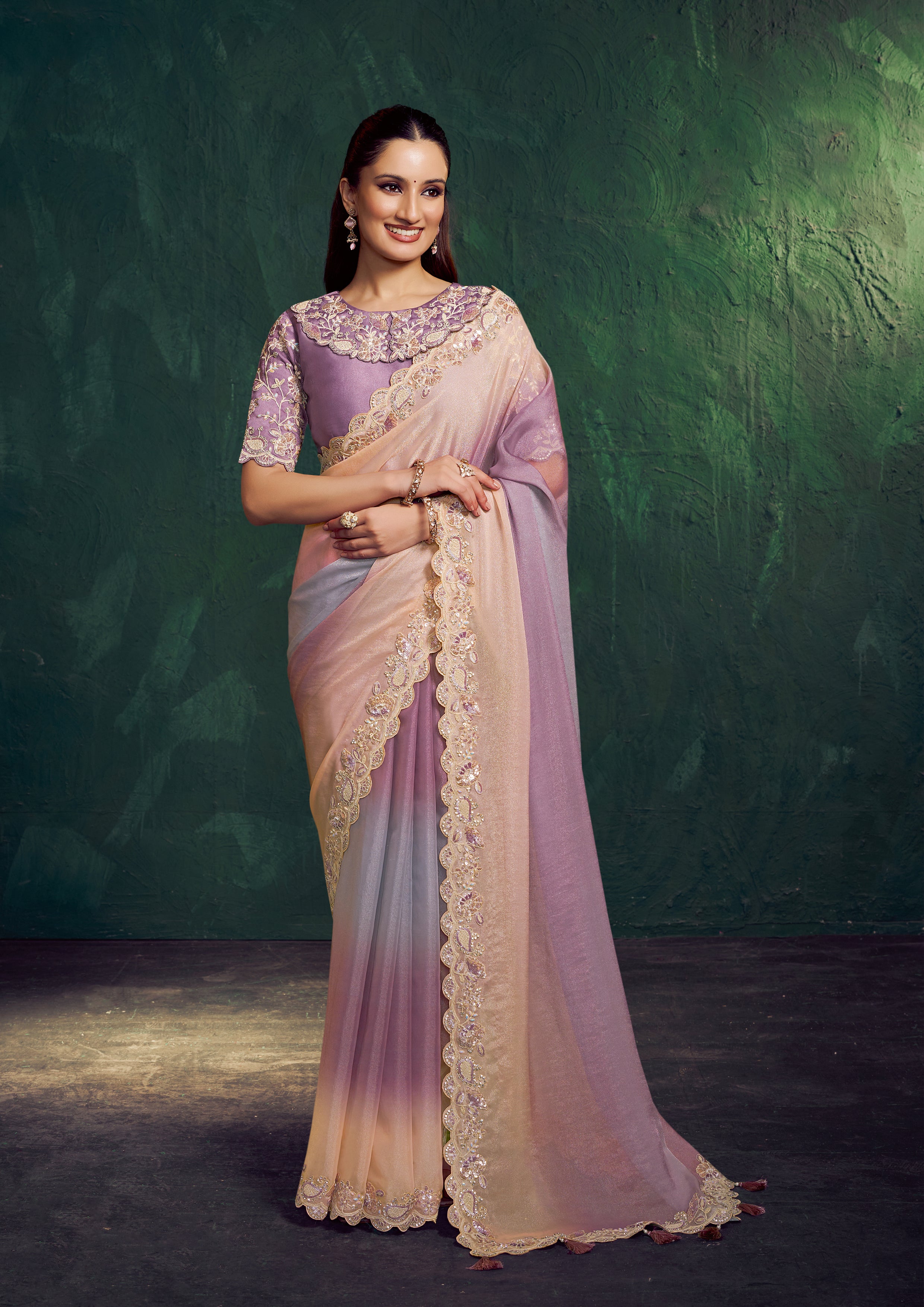 Multi Pastel Shaded Embellished Georgette Silk Saree