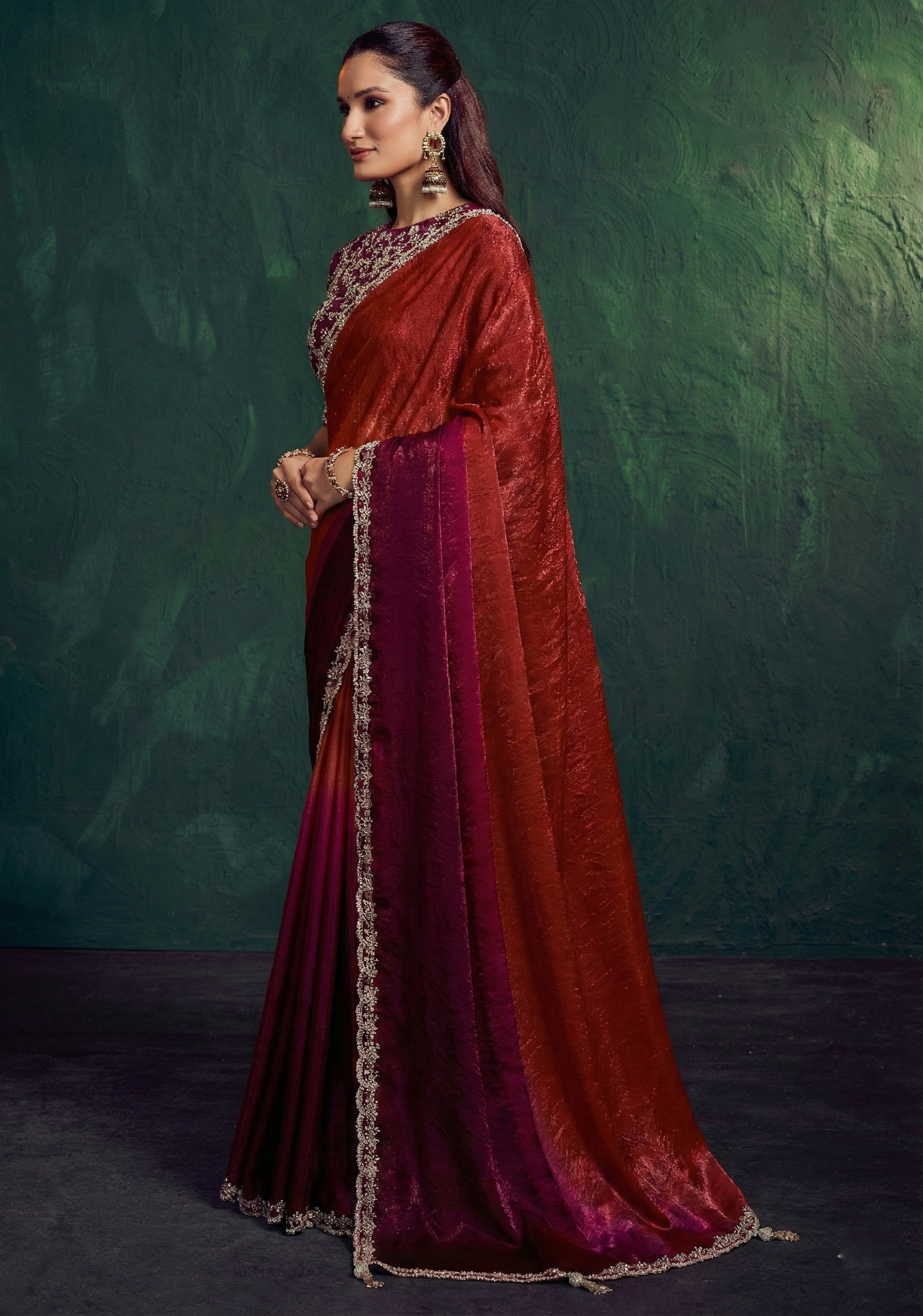 Garnet Wine Embellished Tissue Silk Saree
