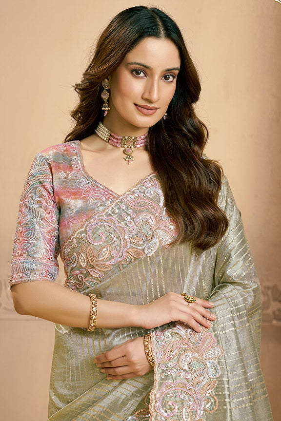 Sea Green Embellished Zari Tissue Silk Saree