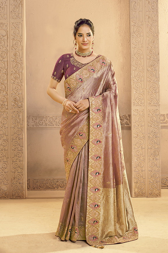 Rose Gold Embellished Zari Tissue Silk Saree
