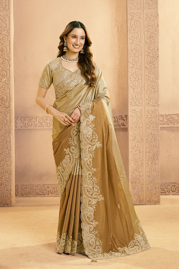 Metallic Golden Embellished Kora Zari Silk Saree